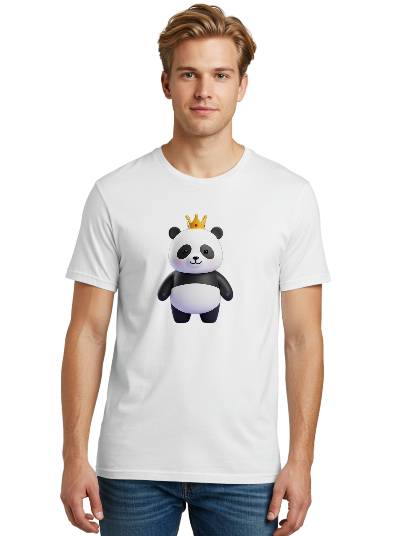 Panda-With-Crown-3 Men'S Graphic Tee, 100% Cotton, Comfortable Casual Summer Wear, Machine Washable, Cartoon Panda Bear, Cute Illustration, Panda With Crown, Golden Crown, Kawaii Character, Adorable Animal, Black And White Panda, Funny Panda, Bae610 30