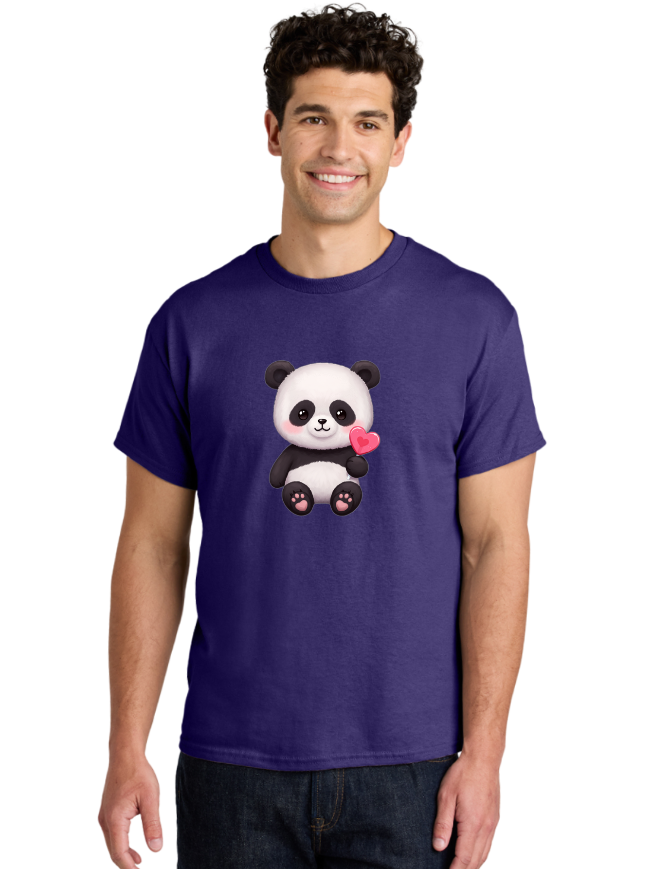 Panda-With-Heart-2 Men'S Graphic Tee, 100% Cotton, Comfortable Casual Summer Wear, Machine Washable, Cute Panda Bear, Holding Heart, Adorable Animal, Cartoon Character, Pink Heart, Love Symbol, Kawaii Illustration, Fuzzy Texture, Bae620 25