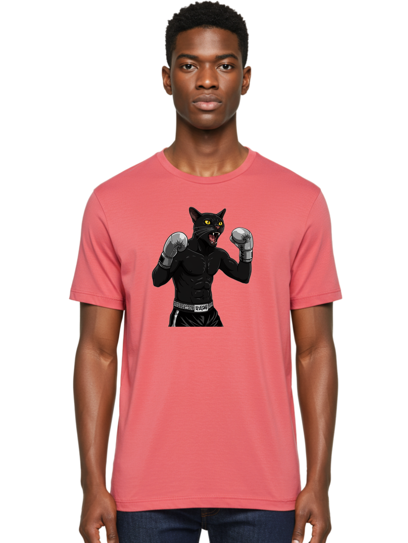 Panther-Boxing Men'S Graphic Tee, 100% Cotton, Comfortable Casual Summer Wear, Machine Washable, Boxing Cat, Muscular Cat, Black Panther, Cat With Boxing Gloves, Fight Mode, Riptide, Feline Boxer, Intense Expression, Cartoon Character Bae627 17