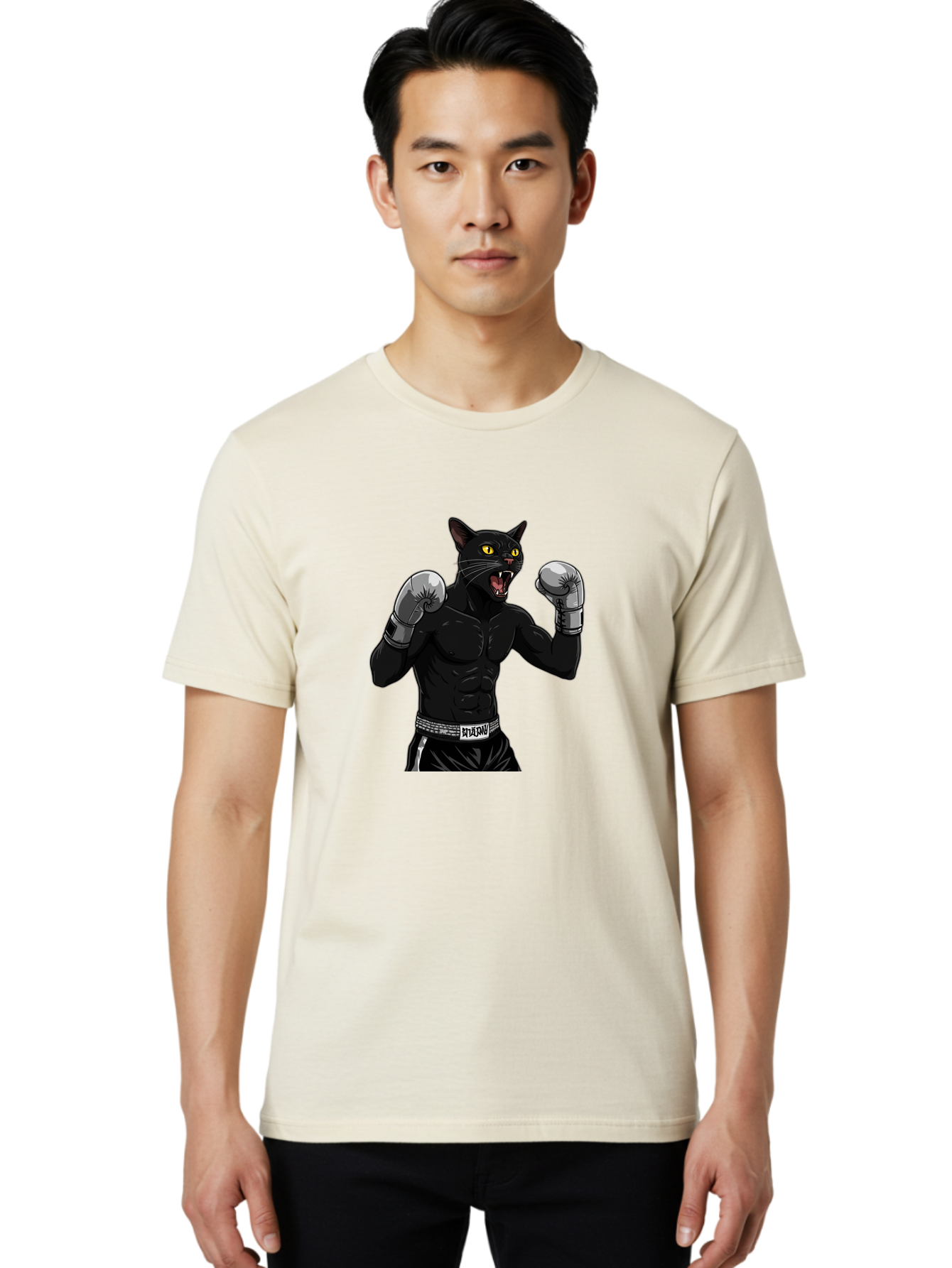 Panther-Boxing Men'S Graphic Tee, 100% Cotton, Comfortable Casual Summer Wear, Machine Washable, Boxing Cat, Muscular Cat, Black Panther, Cat With Boxing Gloves, Fight Mode, Riptide, Feline Boxer, Intense Expression, Cartoon Character Bae627 27