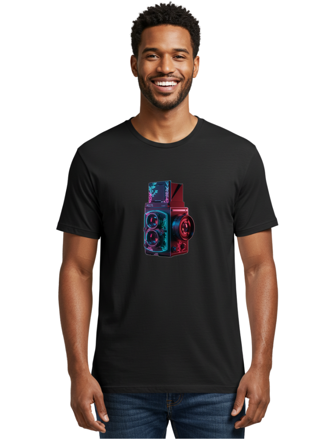Pects-Lumary Men'S Graphic Tee, 100% Cotton, Comfortable Casual Summer Wear, Machine Washable, Pects Lumary Camera, Professional Photography, Neon Lights, Futuristic Design, Camera Equipment, Floral Patterns, Vibrant Colors, Photography Gear, Bae631 19