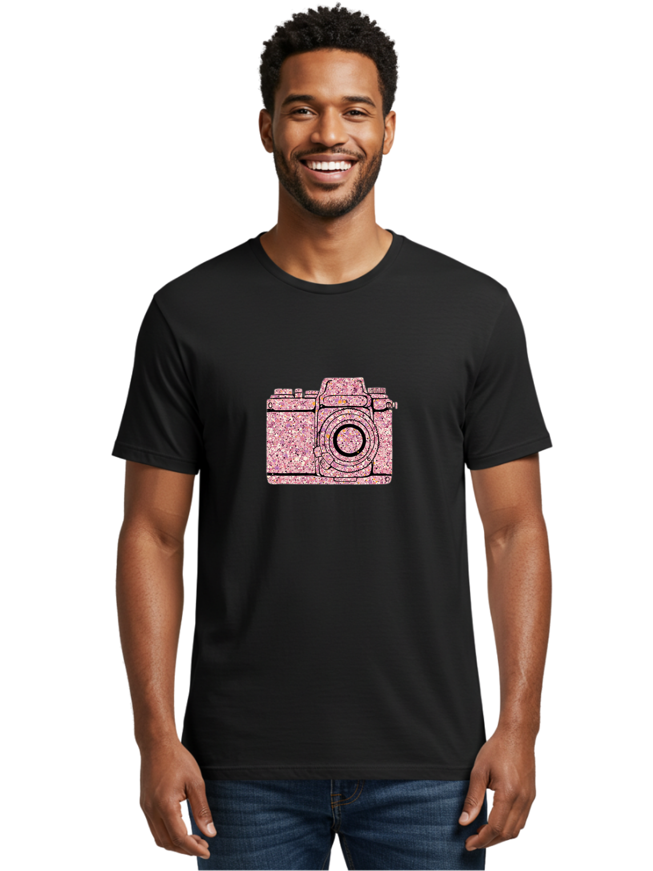 Pink-Camera Men'S Graphic Tee, 100% Cotton, Comfortable Casual Summer Wear, Machine Washable, Pink Camera Illustration, Digital Camera, Photography Equipment, Speckled Texture, Pink And Black Design, Camera, Photography Bae632 18