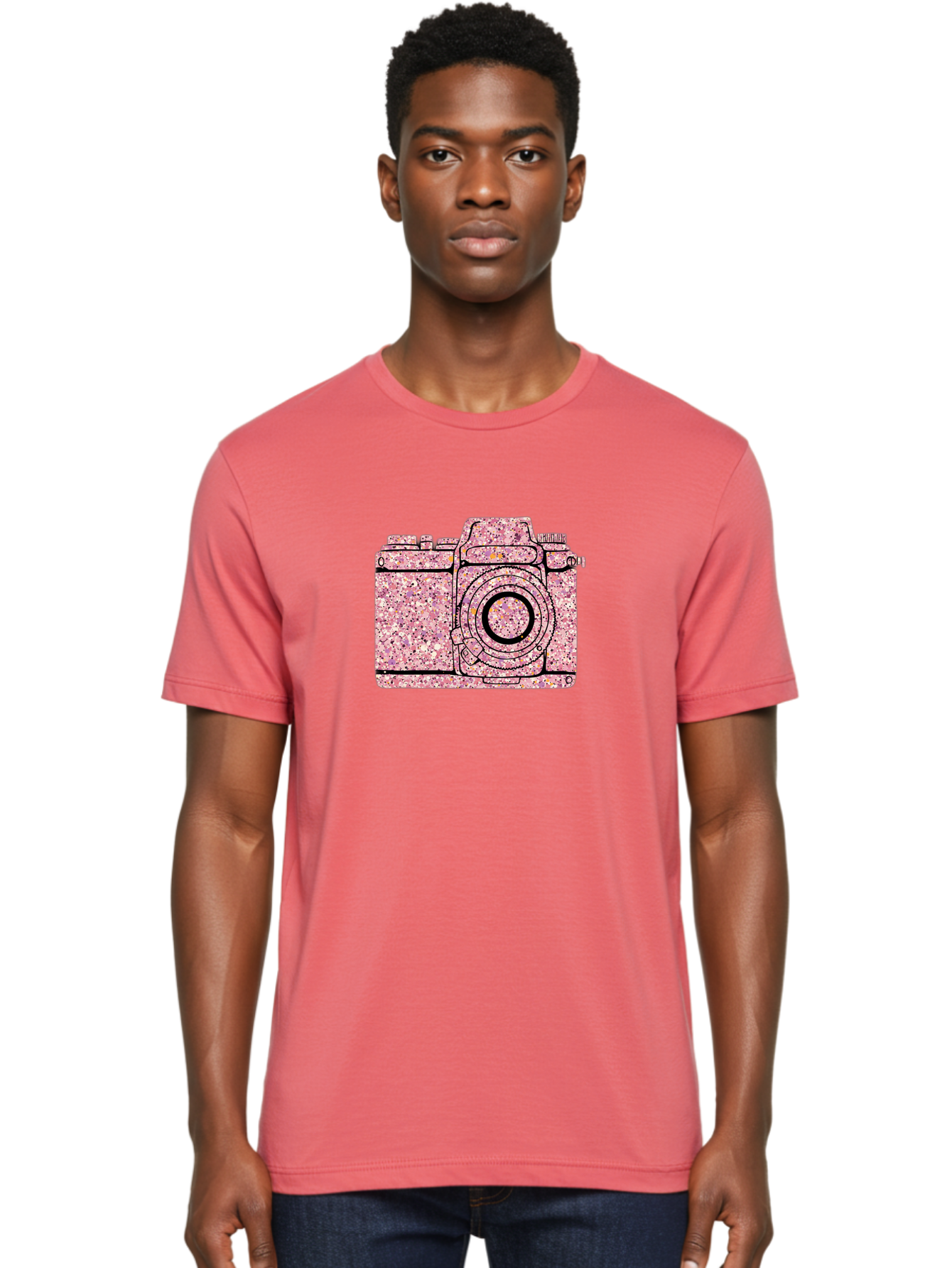 Pink-Camera Men'S Graphic Tee, 100% Cotton, Comfortable Casual Summer Wear, Machine Washable, Pink Camera Illustration, Digital Camera, Photography Equipment, Speckled Texture, Pink And Black Design, Camera, Photography Bae632 21