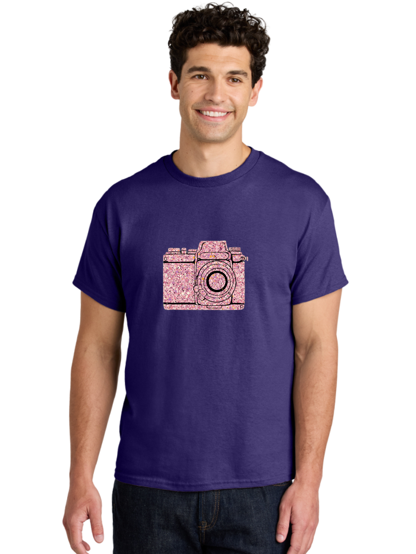Pink-Camera Men'S Graphic Tee, 100% Cotton, Comfortable Casual Summer Wear, Machine Washable, Pink Camera Illustration, Digital Camera, Photography Equipment, Speckled Texture, Pink And Black Design, Camera, Photography Bae632 22