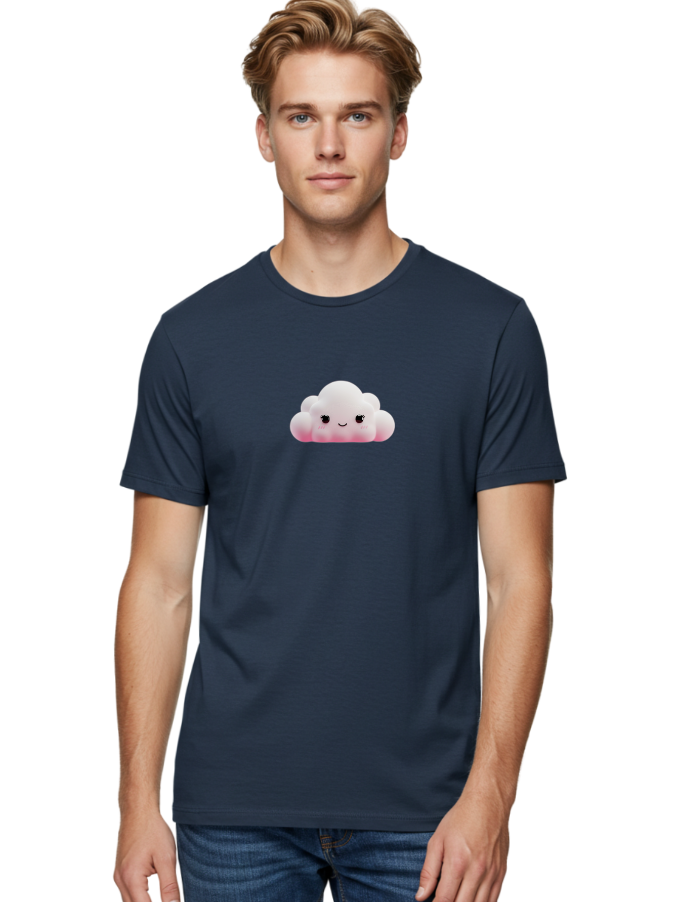 Pink-Cloud Men'S Graphic Tee, 100% Cotton, Comfortable Casual Summer Wear, Machine Washable, Kawaii Cloud, Cute Cartoon Character, Smiling Face, Fluffy White Cloud, Pastel Colors, Cheerful Design, Adorable Illustration, Fluffy Texture Bae634 24