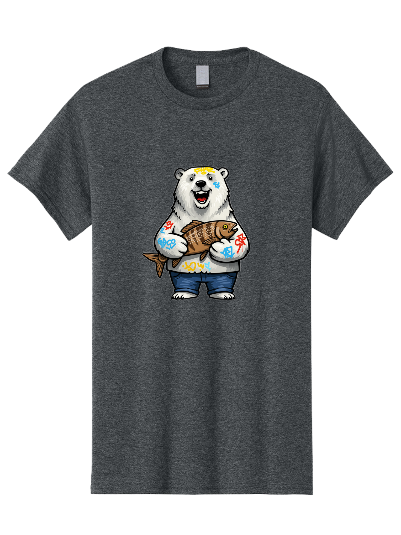 Polar-Bear-1 Men'S Graphic Tee, 100% Cotton, Comfortable Casual Summer Wear, Machine Washable, Polar Bear Holding Fish, Cartoon Character, Graffiti Art, Streetwear Style, Urban Wildlife, Cool Bear, Fish In Hands, Funny Bear, Kawaii Art, Bae638 12