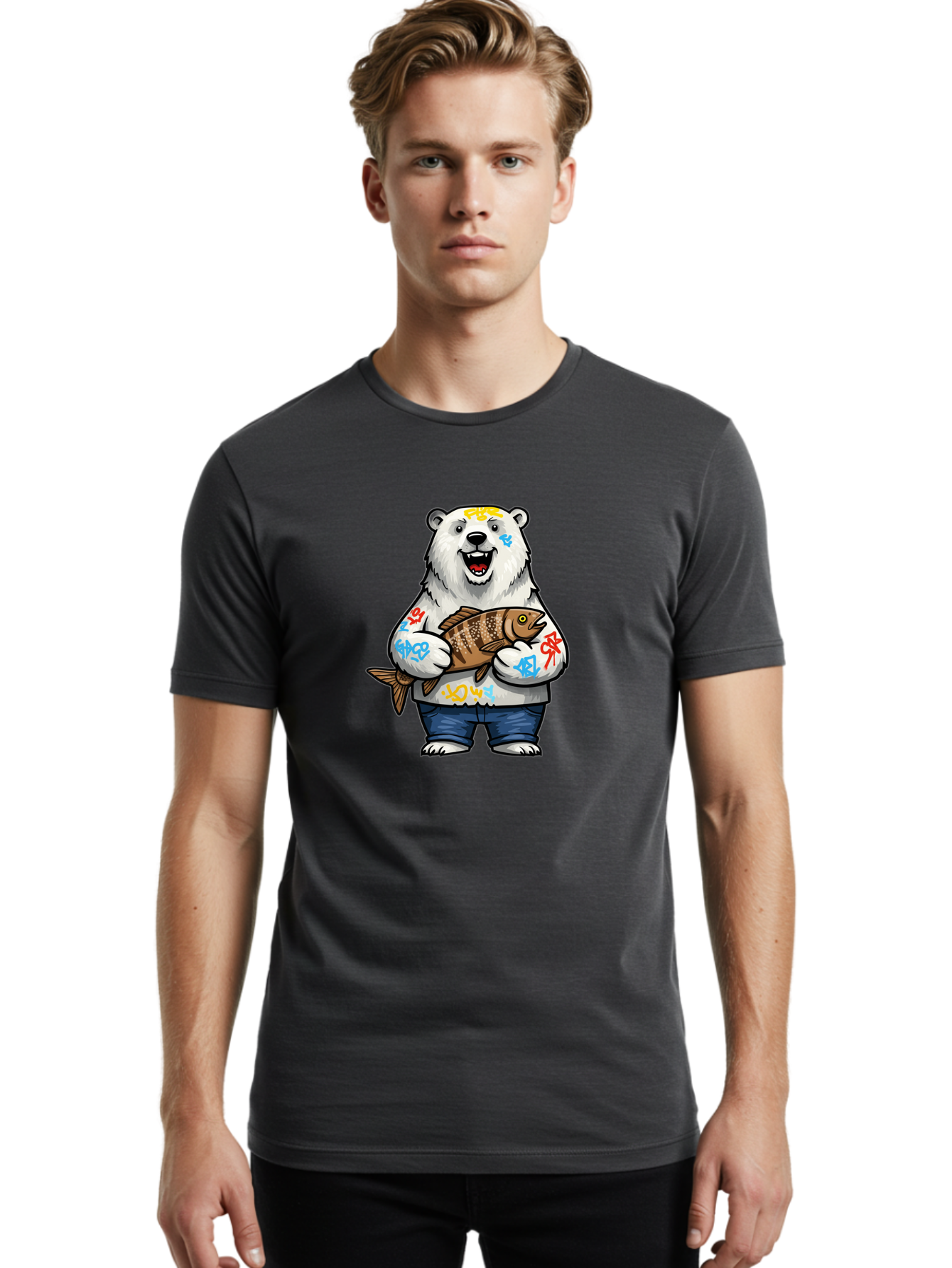 Polar-Bear-1 Men'S Graphic Tee, 100% Cotton, Comfortable Casual Summer Wear, Machine Washable, Polar Bear Holding Fish, Cartoon Character, Graffiti Art, Streetwear Style, Urban Wildlife, Cool Bear, Fish In Hands, Funny Bear, Kawaii Art, Bae638 27