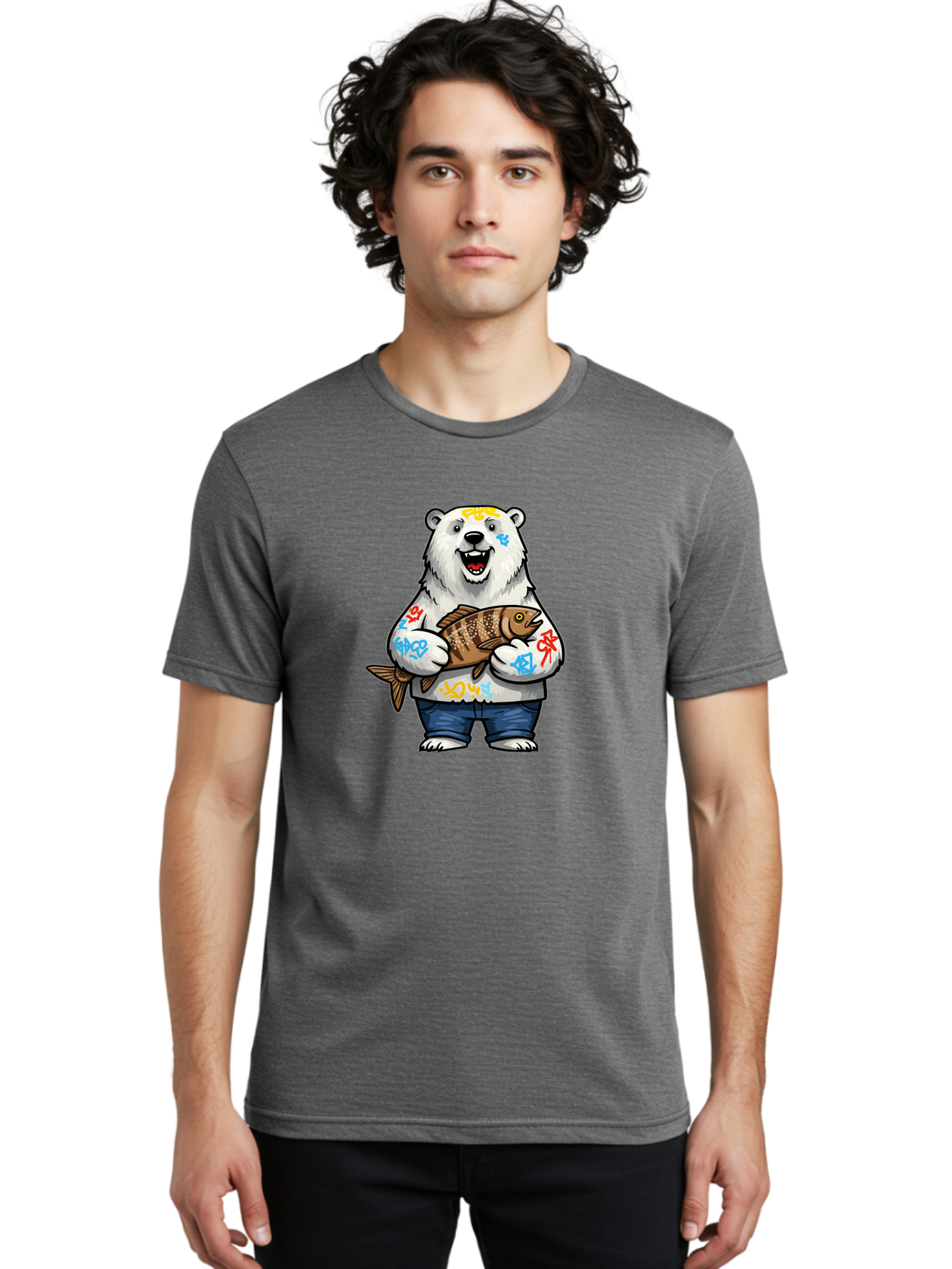 Polar-Bear-1 Men'S Graphic Tee, 100% Cotton, Comfortable Casual Summer Wear, Machine Washable, Polar Bear Holding Fish, Cartoon Character, Graffiti Art, Streetwear Style, Urban Wildlife, Cool Bear, Fish In Hands, Funny Bear, Kawaii Art, Bae638 23