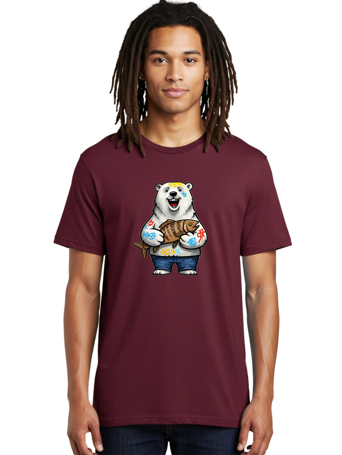 Polar-Bear-1 Men'S Graphic Tee, 100% Cotton, Comfortable Casual Summer Wear, Machine Washable, Polar Bear Holding Fish, Cartoon Character, Graffiti Art, Streetwear Style, Urban Wildlife, Cool Bear, Fish In Hands, Funny Bear, Kawaii Art, Bae638 26