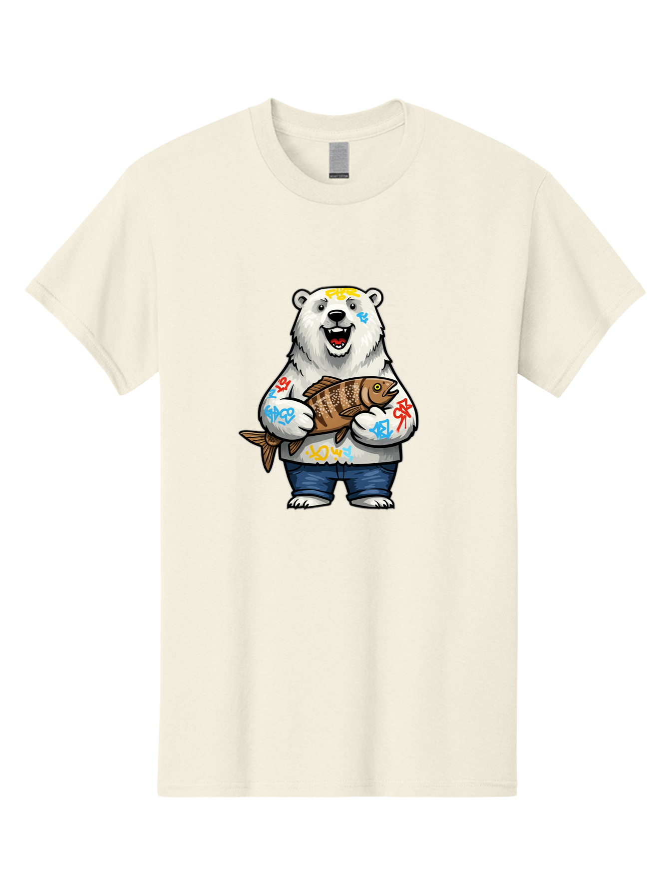 Polar-Bear-1 Men'S Graphic Tee, 100% Cotton, Comfortable Casual Summer Wear, Machine Washable, Polar Bear Holding Fish, Cartoon Character, Graffiti Art, Streetwear Style, Urban Wildlife, Cool Bear, Fish In Hands, Funny Bear, Kawaii Art, Bae638 9