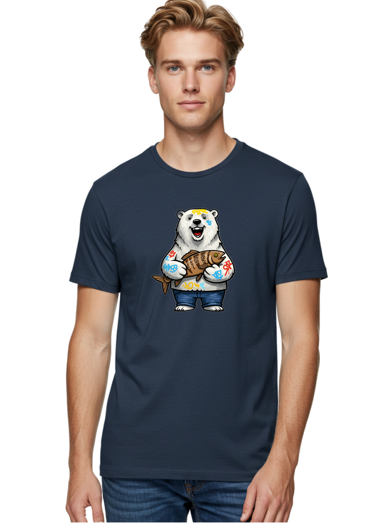 Polar-Bear-1 Men'S Graphic Tee, 100% Cotton, Comfortable Casual Summer Wear, Machine Washable, Polar Bear Holding Fish, Cartoon Character, Graffiti Art, Streetwear Style, Urban Wildlife, Cool Bear, Fish In Hands, Funny Bear, Kawaii Art, Bae638 21