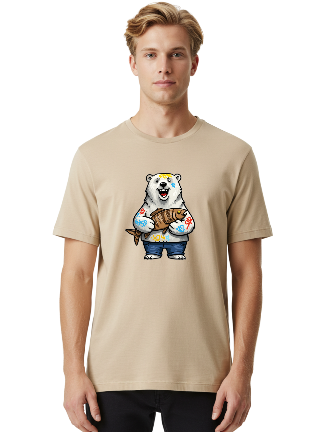 Polar-Bear-1 Men'S Graphic Tee, 100% Cotton, Comfortable Casual Summer Wear, Machine Washable, Polar Bear Holding Fish, Cartoon Character, Graffiti Art, Streetwear Style, Urban Wildlife, Cool Bear, Fish In Hands, Funny Bear, Kawaii Art, Bae638 18
