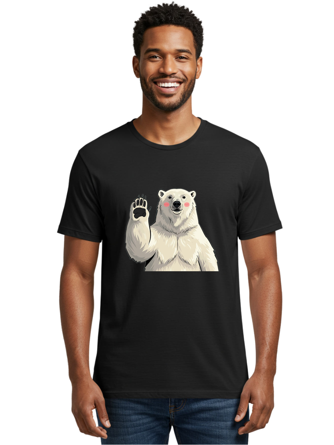 Polar-Bear-4 Men'S Graphic Tee, 100% Cotton, Comfortable Casual Summer Wear, Machine Washable, Cute Polar Bear, Waving Paw, Friendly Gesture, Adorable Cartoon, Pink Blush Cheeks, White Fur, Black Nose, Cartoon Character, Kawaii Design Bae641 30