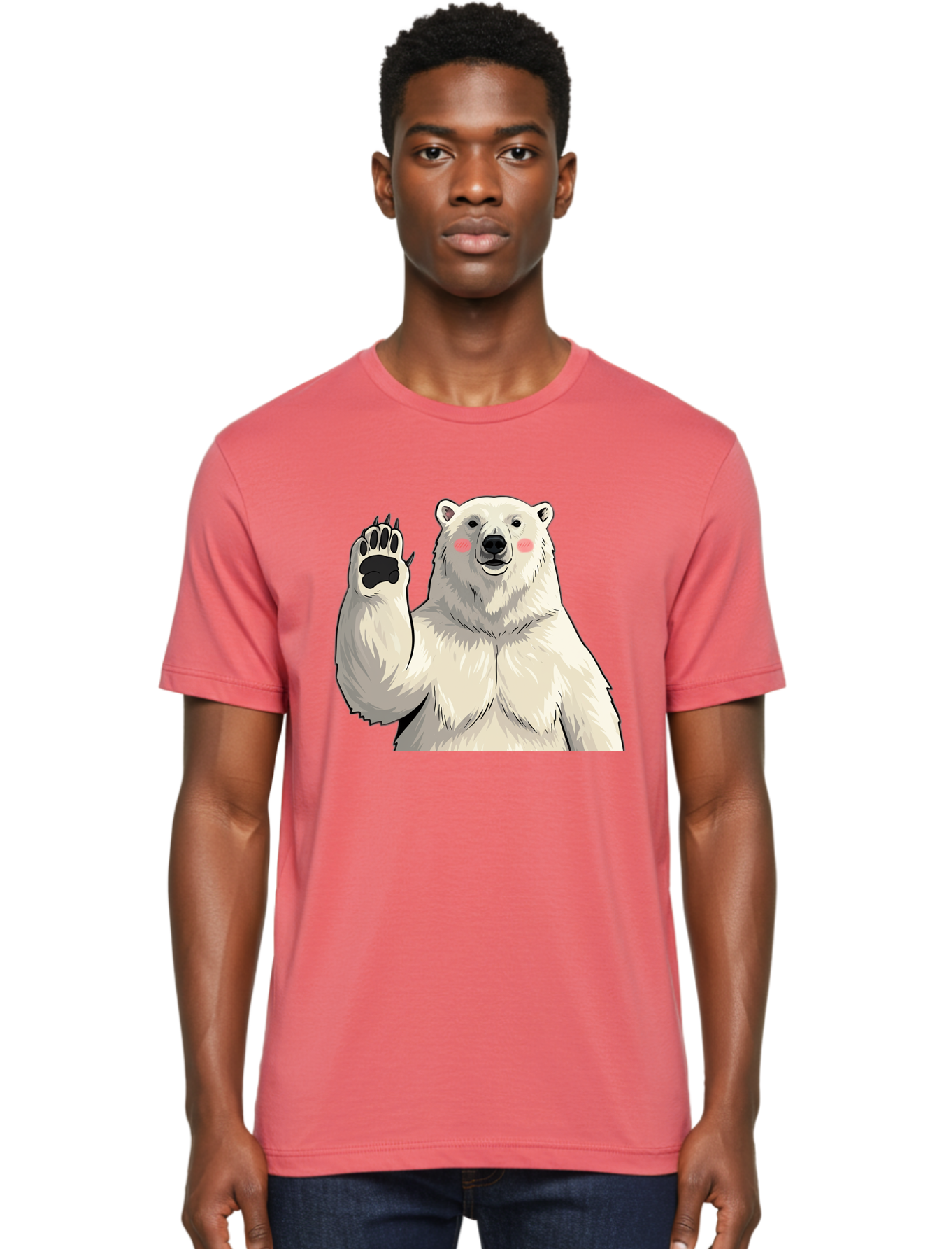 Polar-Bear-4 Men'S Graphic Tee, 100% Cotton, Comfortable Casual Summer Wear, Machine Washable, Cute Polar Bear, Waving Paw, Friendly Gesture, Adorable Cartoon, Pink Blush Cheeks, White Fur, Black Nose, Cartoon Character, Kawaii Design Bae641 25