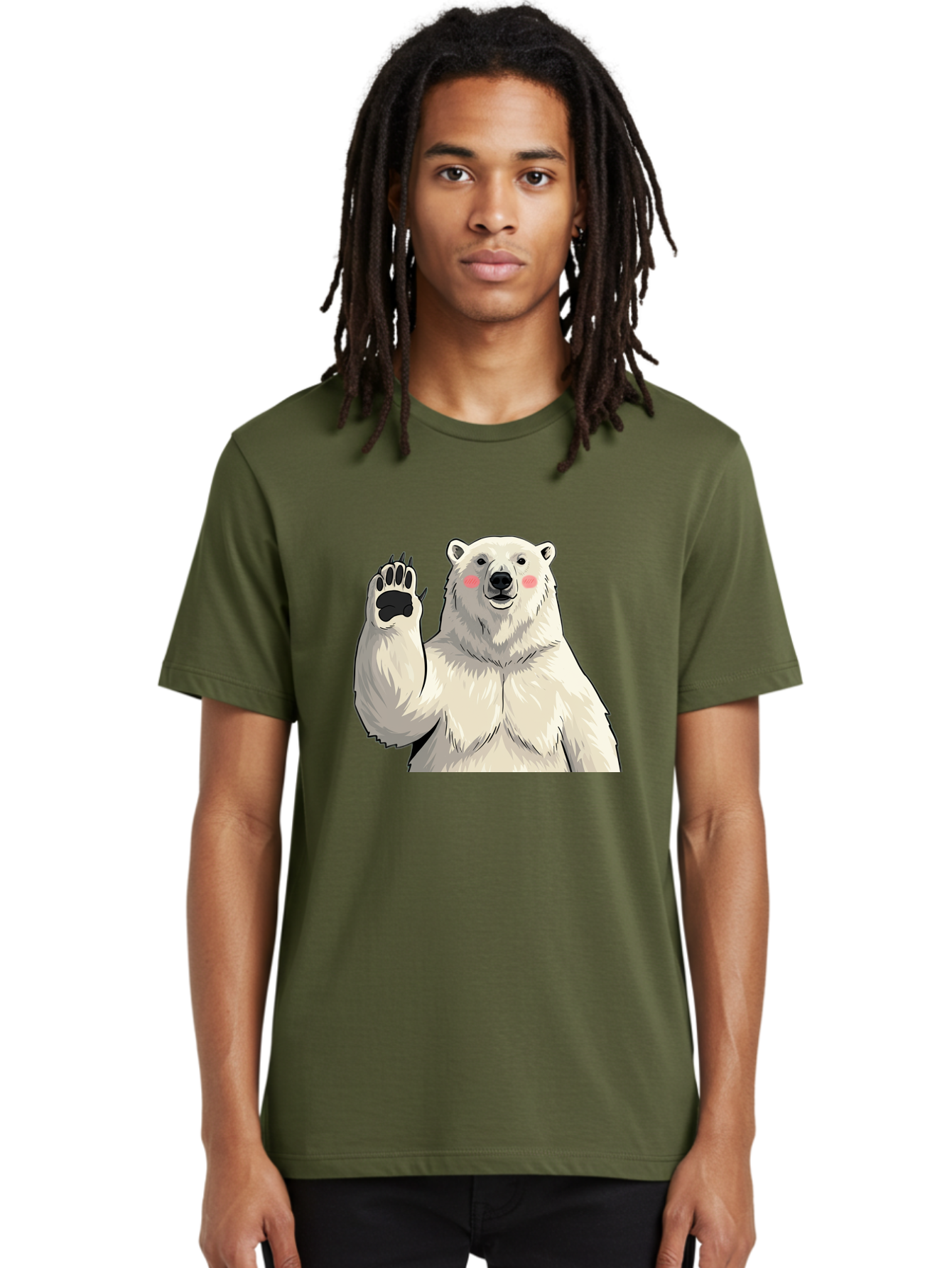 Polar-Bear-4 Men'S Graphic Tee, 100% Cotton, Comfortable Casual Summer Wear, Machine Washable, Cute Polar Bear, Waving Paw, Friendly Gesture, Adorable Cartoon, Pink Blush Cheeks, White Fur, Black Nose, Cartoon Character, Kawaii Design Bae641 24