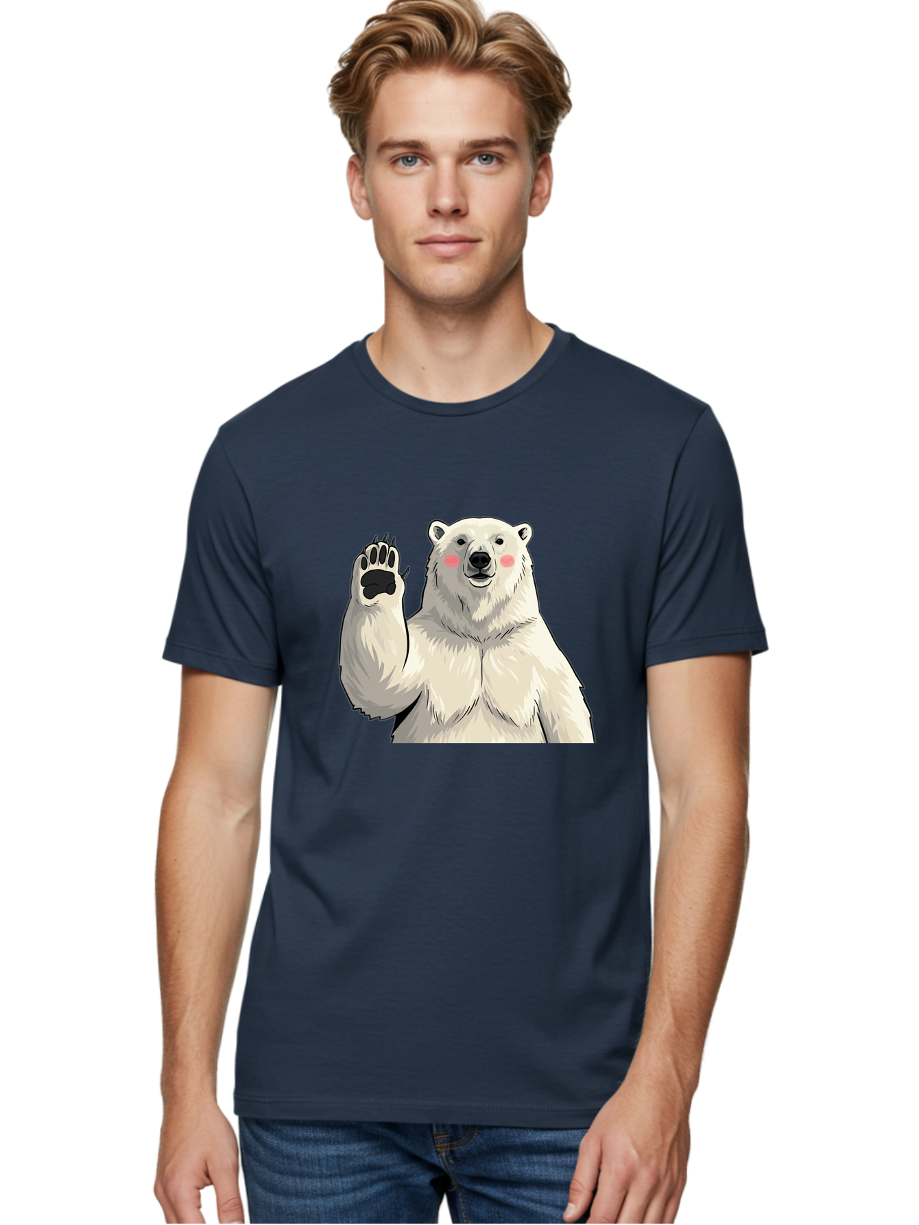Polar-Bear-4 Men'S Graphic Tee, 100% Cotton, Comfortable Casual Summer Wear, Machine Washable, Cute Polar Bear, Waving Paw, Friendly Gesture, Adorable Cartoon, Pink Blush Cheeks, White Fur, Black Nose, Cartoon Character, Kawaii Design Bae641 16
