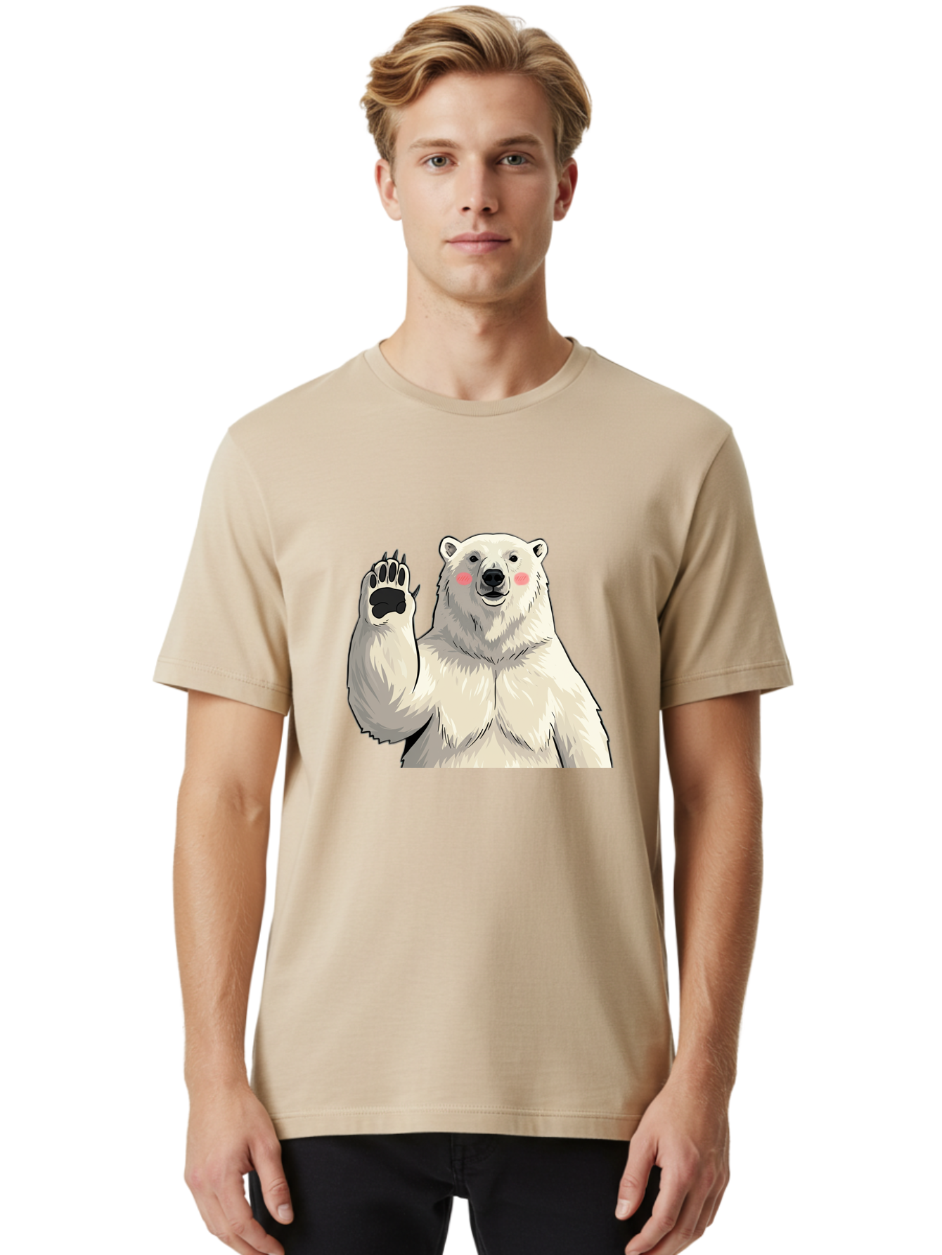 Polar-Bear-4 Men'S Graphic Tee, 100% Cotton, Comfortable Casual Summer Wear, Machine Washable, Cute Polar Bear, Waving Paw, Friendly Gesture, Adorable Cartoon, Pink Blush Cheeks, White Fur, Black Nose, Cartoon Character, Kawaii Design Bae641 27