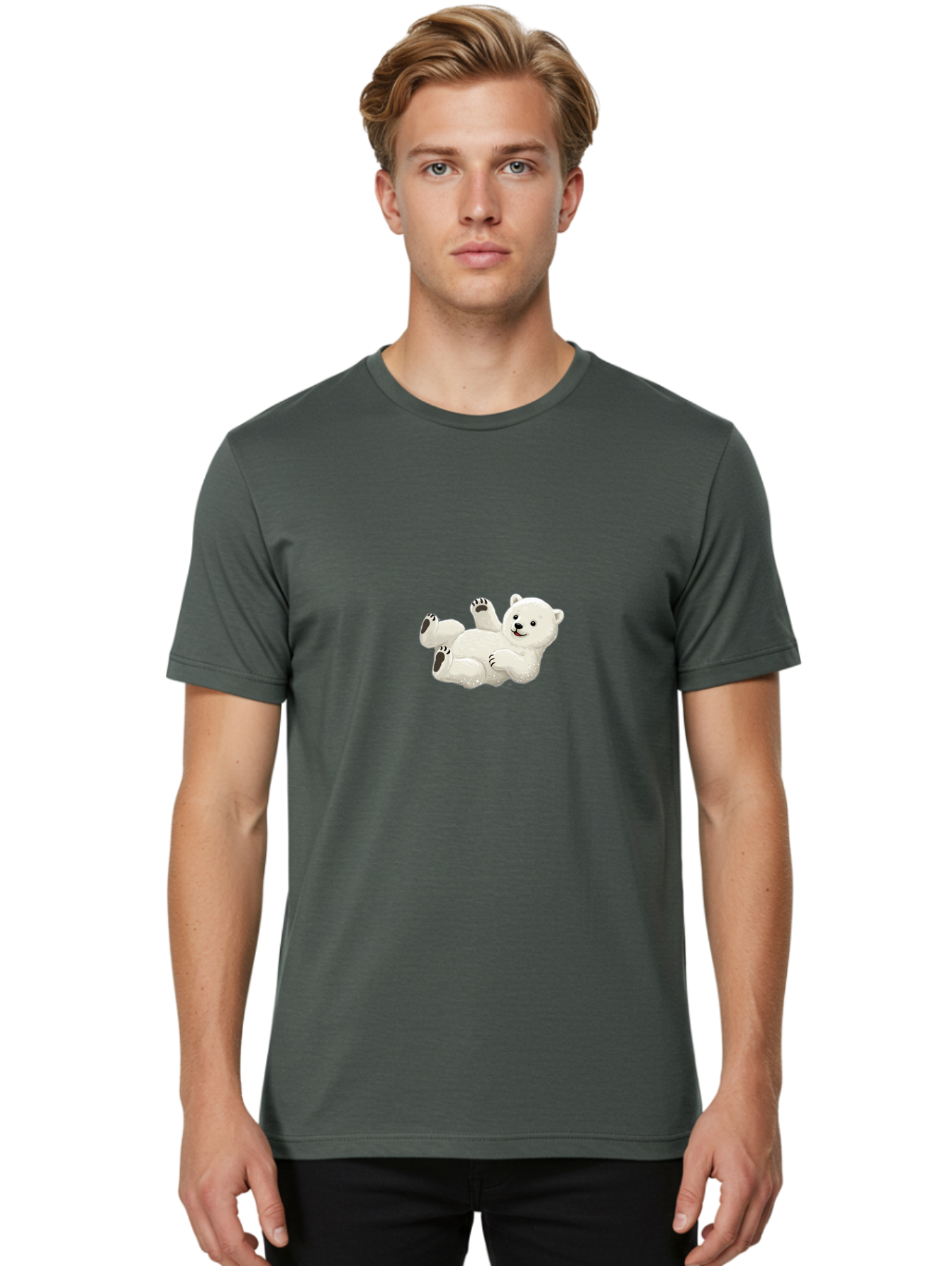 Polar-Bear-9 Men'S Graphic Tee, 100% Cotton, Comfortable Casual Summer Wear, Machine Washable, Polar Bear Lying On Its Back, Playful Pose, Cute Expression, White Fur, Black Nose, Cartoon Style, Adorable Animal, Funny Character, Bae646 23