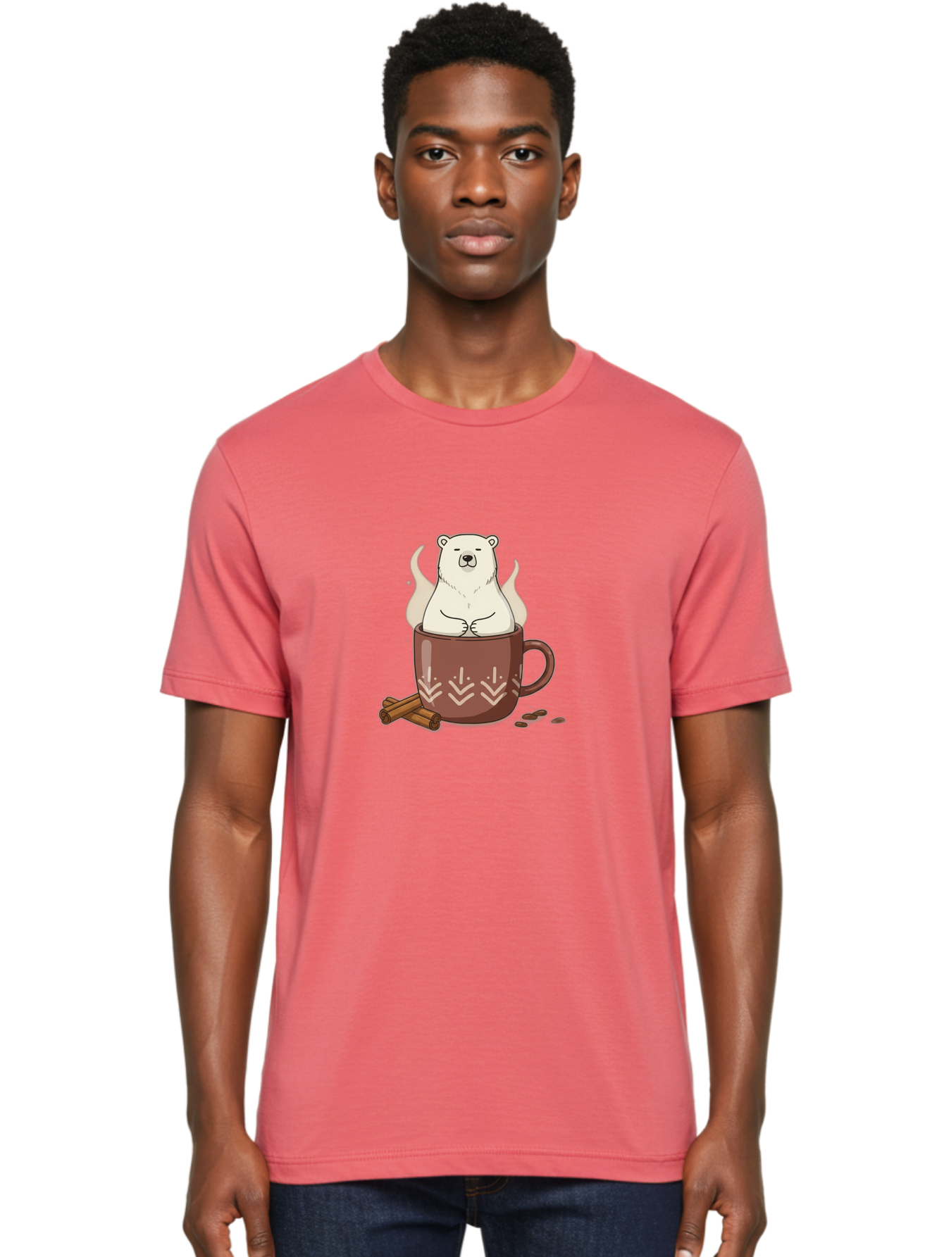 Polar-Bear-In-Coffee-Mug-1 Men'S Graphic Tee, 100% Cotton, Comfortable Casual Summer Wear, Machine Washable, Polar Bear In A Cup, Coffee Lover, Cinnamon Sticks, Coffee Beans, Relaxing Bear, Cute Cartoon, Steaming Hot Coffee, Winter Warmth, Bae652 21