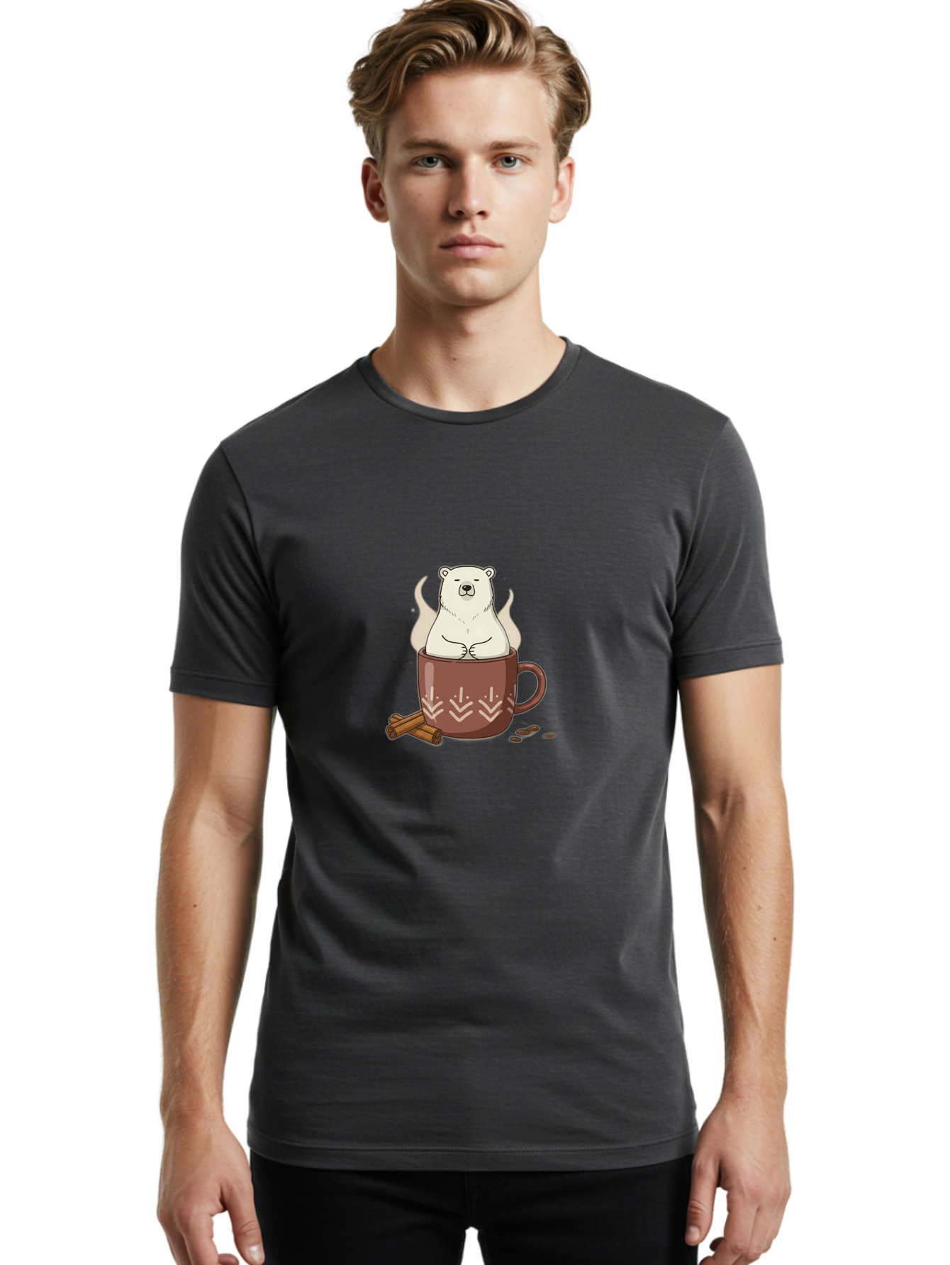 Polar-Bear-In-Coffee-Mug-1 Men'S Graphic Tee, 100% Cotton, Comfortable Casual Summer Wear, Machine Washable, Polar Bear In A Cup, Coffee Lover, Cinnamon Sticks, Coffee Beans, Relaxing Bear, Cute Cartoon, Steaming Hot Coffee, Winter Warmth, Bae652 22