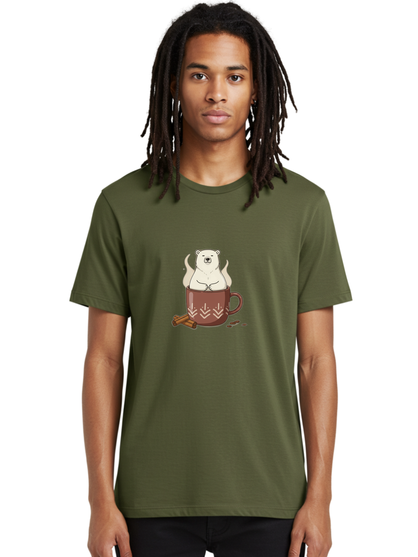 Polar-Bear-In-Coffee-Mug-1 Men'S Graphic Tee, 100% Cotton, Comfortable Casual Summer Wear, Machine Washable, Polar Bear In A Cup, Coffee Lover, Cinnamon Sticks, Coffee Beans, Relaxing Bear, Cute Cartoon, Steaming Hot Coffee, Winter Warmth, Bae652 17