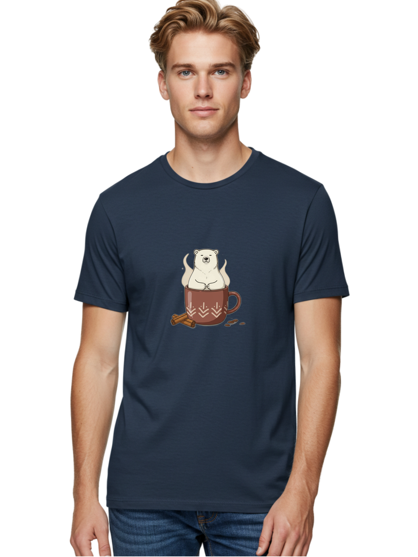 Polar-Bear-In-Coffee-Mug-1 Men'S Graphic Tee, 100% Cotton, Comfortable Casual Summer Wear, Machine Washable, Polar Bear In A Cup, Coffee Lover, Cinnamon Sticks, Coffee Beans, Relaxing Bear, Cute Cartoon, Steaming Hot Coffee, Winter Warmth, Bae652 24