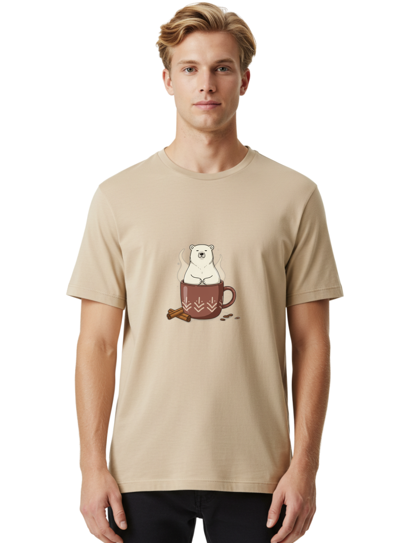 Polar-Bear-In-Coffee-Mug-1 Men'S Graphic Tee, 100% Cotton, Comfortable Casual Summer Wear, Machine Washable, Polar Bear In A Cup, Coffee Lover, Cinnamon Sticks, Coffee Beans, Relaxing Bear, Cute Cartoon, Steaming Hot Coffee, Winter Warmth, Bae652 23