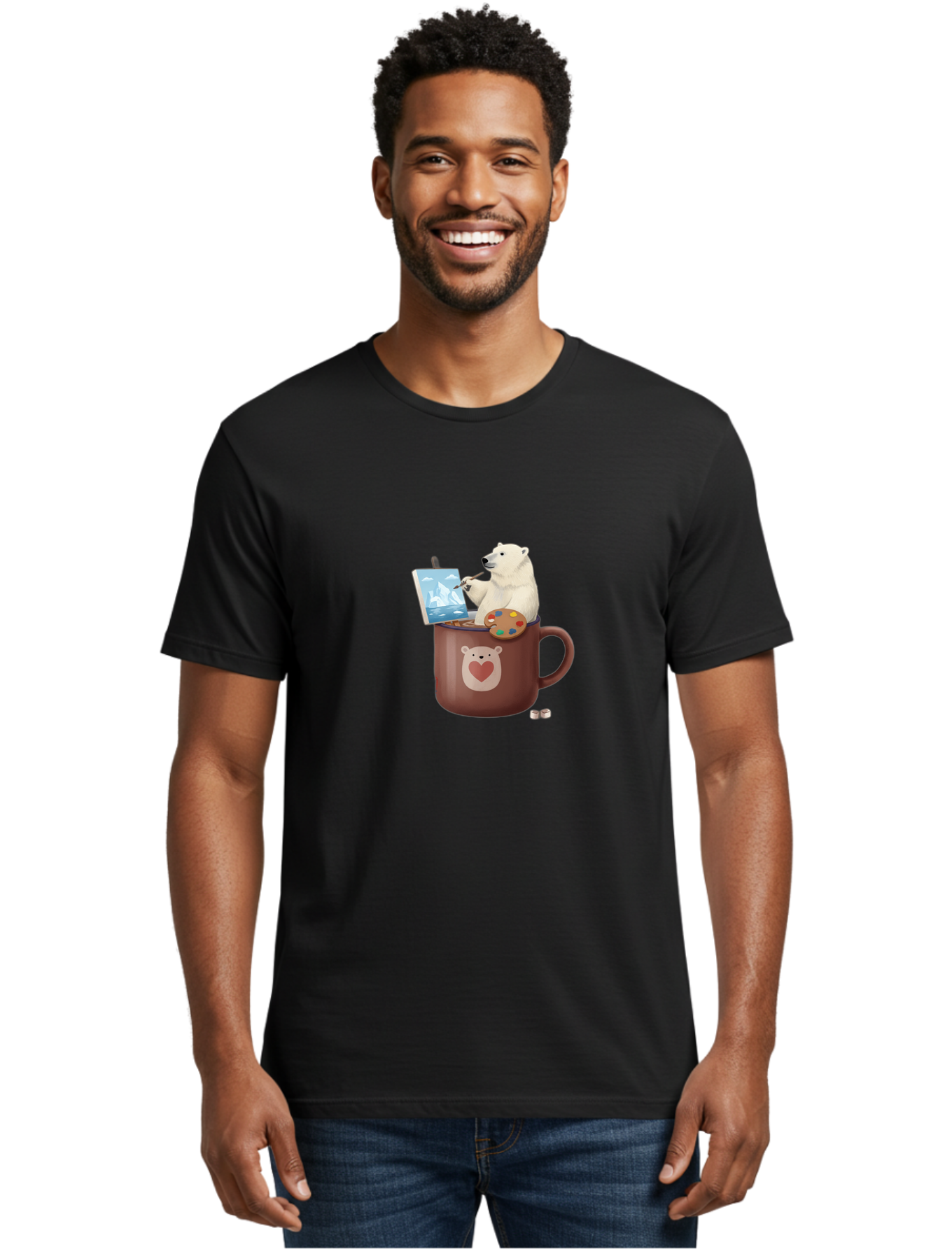Polar-Bear-In-Coffee-Mug-2 Men'S Graphic Tee, 100% Cotton, Comfortable Casual Summer Wear, Machine Washable, Polar Bear Painting On A Digital Tablet, Artistic Creativity, Polar Bear Mug, Heart Design, Paint Palette, Whimsical Art, Bae653 25