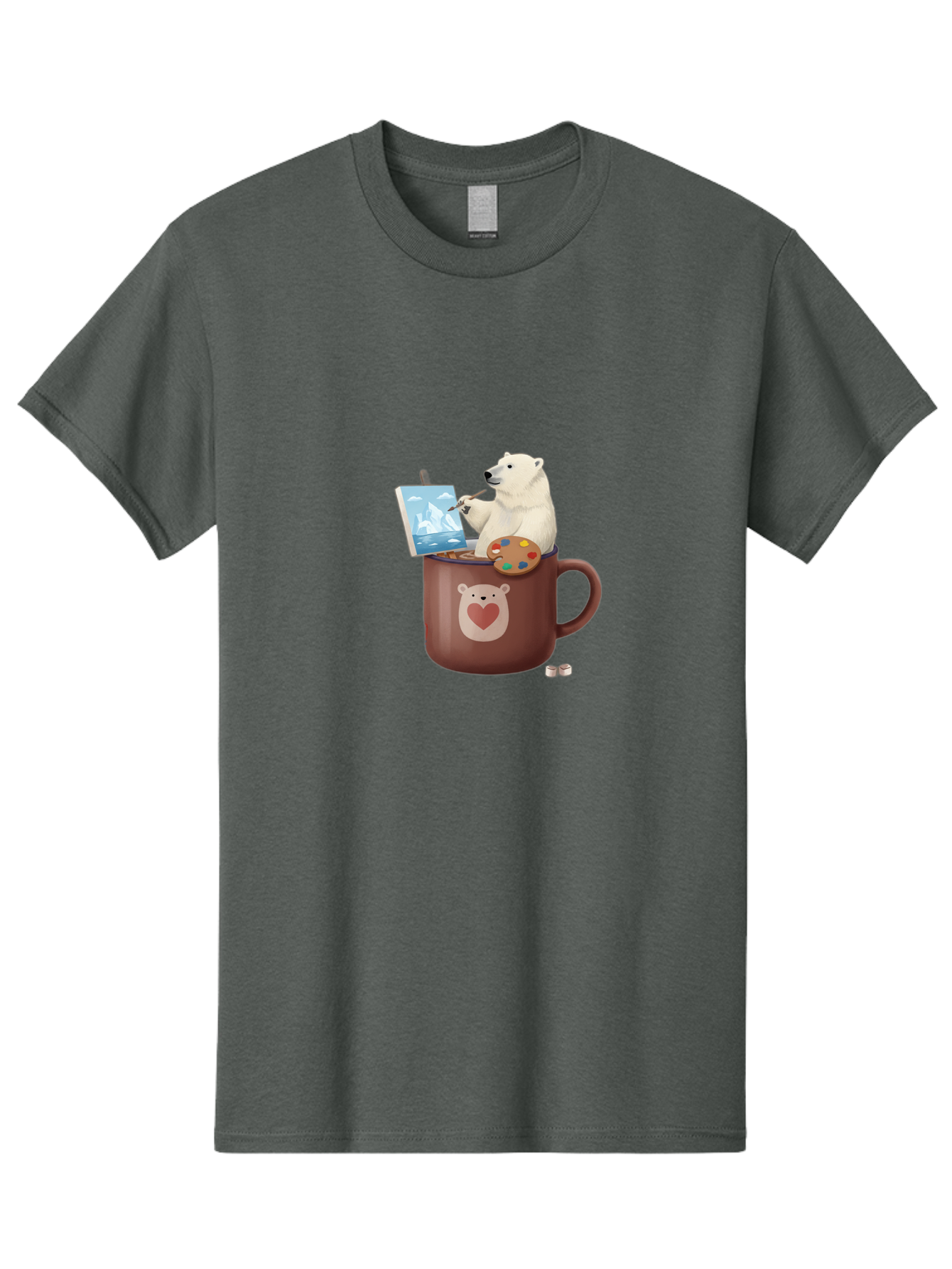 Polar-Bear-In-Coffee-Mug-2 Men'S Graphic Tee, 100% Cotton, Comfortable Casual Summer Wear, Machine Washable, Polar Bear Painting On A Digital Tablet, Artistic Creativity, Polar Bear Mug, Heart Design, Paint Palette, Whimsical Art, Bae653 8