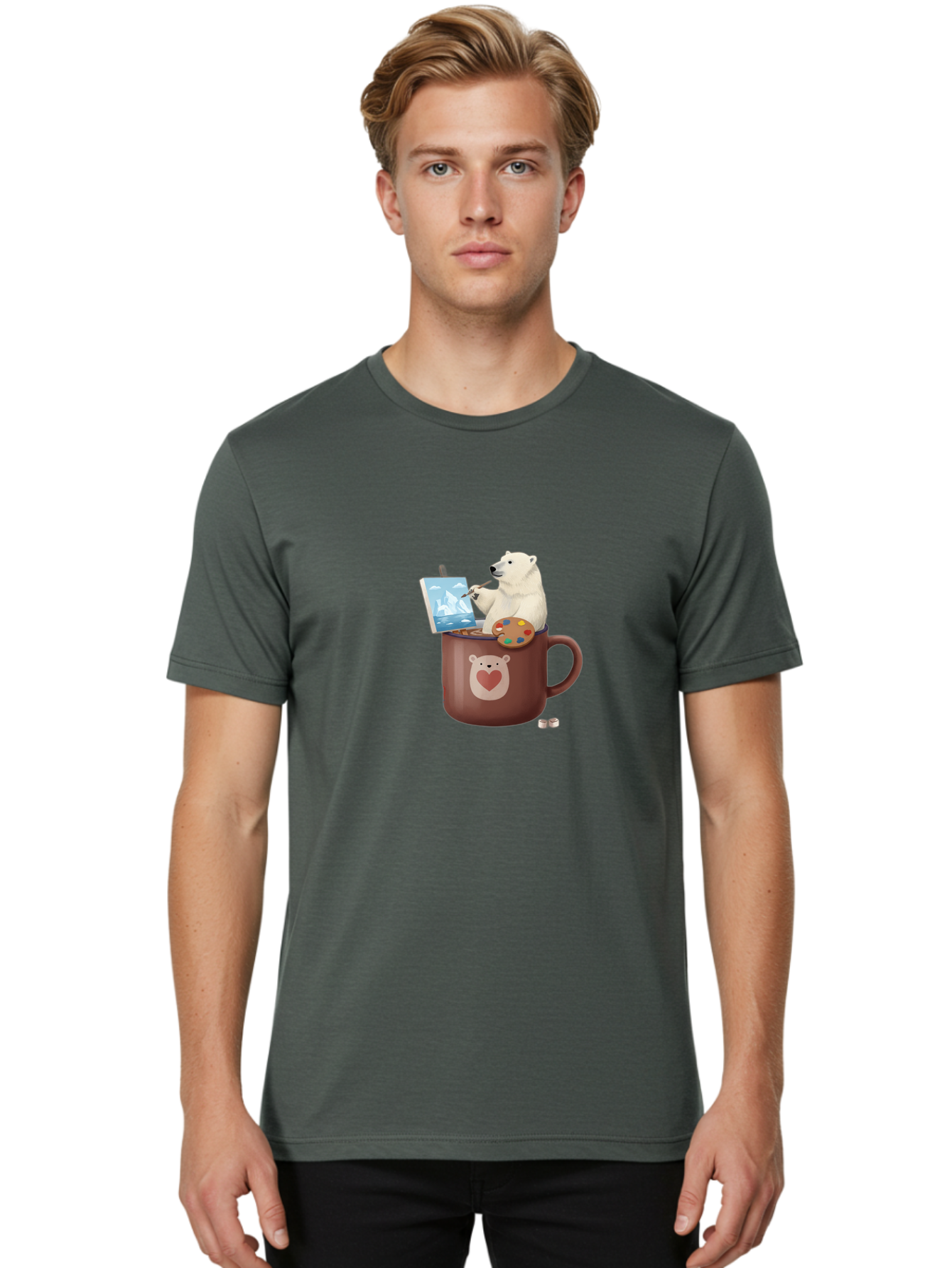 Polar-Bear-In-Coffee-Mug-2 Men'S Graphic Tee, 100% Cotton, Comfortable Casual Summer Wear, Machine Washable, Polar Bear Painting On A Digital Tablet, Artistic Creativity, Polar Bear Mug, Heart Design, Paint Palette, Whimsical Art, Bae653 23