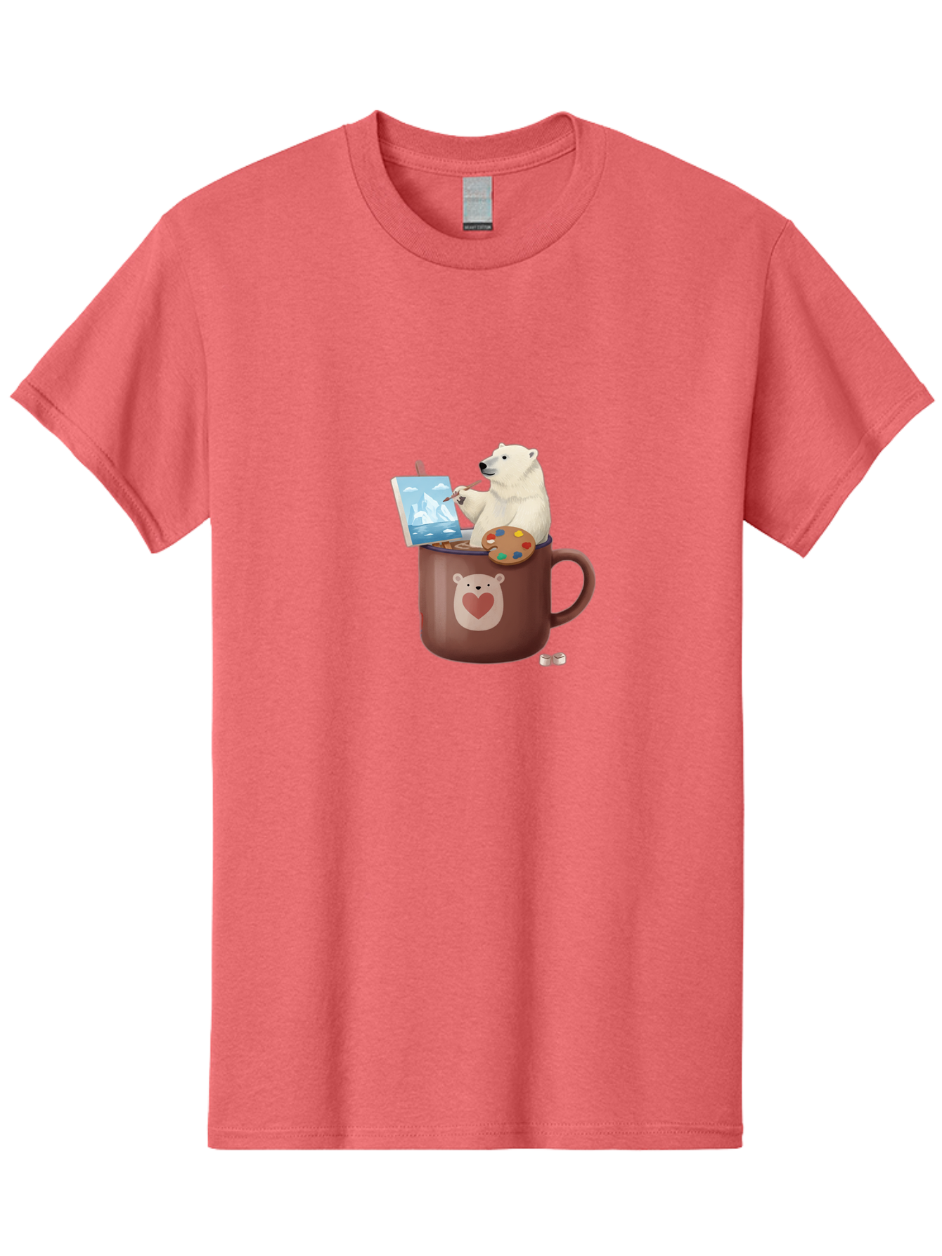 Polar-Bear-In-Coffee-Mug-2 Men'S Graphic Tee, 100% Cotton, Comfortable Casual Summer Wear, Machine Washable, Polar Bear Painting On A Digital Tablet, Artistic Creativity, Polar Bear Mug, Heart Design, Paint Palette, Whimsical Art, Bae653 12