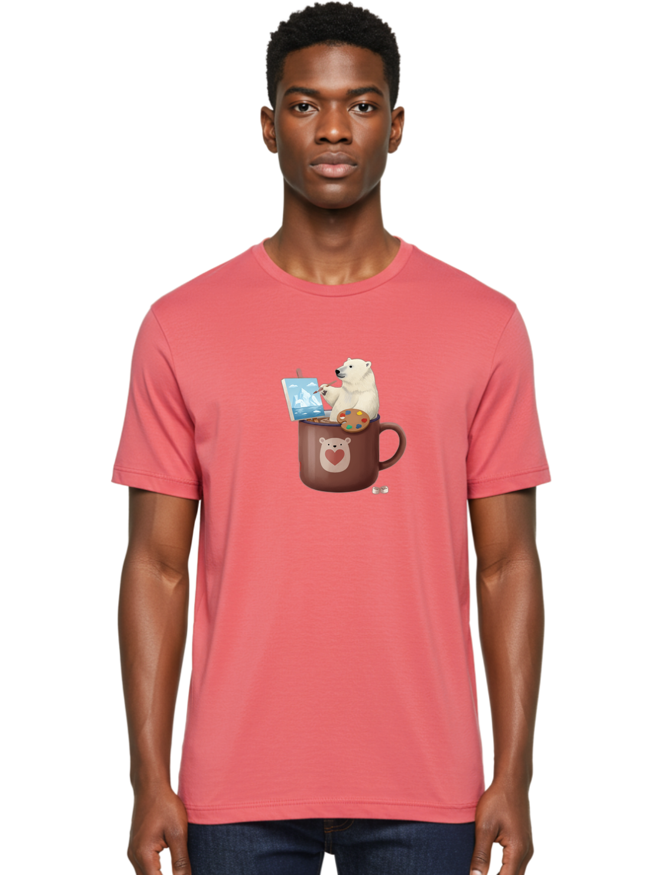 Polar-Bear-In-Coffee-Mug-2 Men'S Graphic Tee, 100% Cotton, Comfortable Casual Summer Wear, Machine Washable, Polar Bear Painting On A Digital Tablet, Artistic Creativity, Polar Bear Mug, Heart Design, Paint Palette, Whimsical Art, Bae653 27