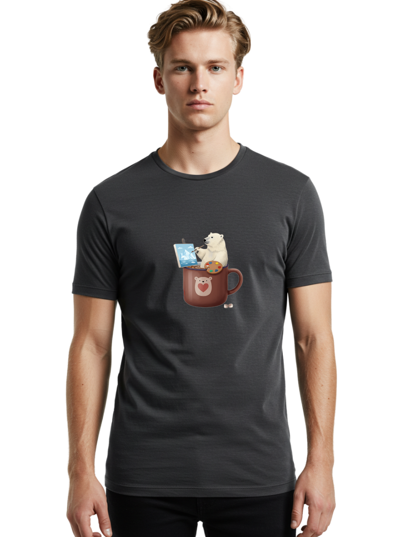 Polar-Bear-In-Coffee-Mug-2 Men'S Graphic Tee, 100% Cotton, Comfortable Casual Summer Wear, Machine Washable, Polar Bear Painting On A Digital Tablet, Artistic Creativity, Polar Bear Mug, Heart Design, Paint Palette, Whimsical Art, Bae653 21