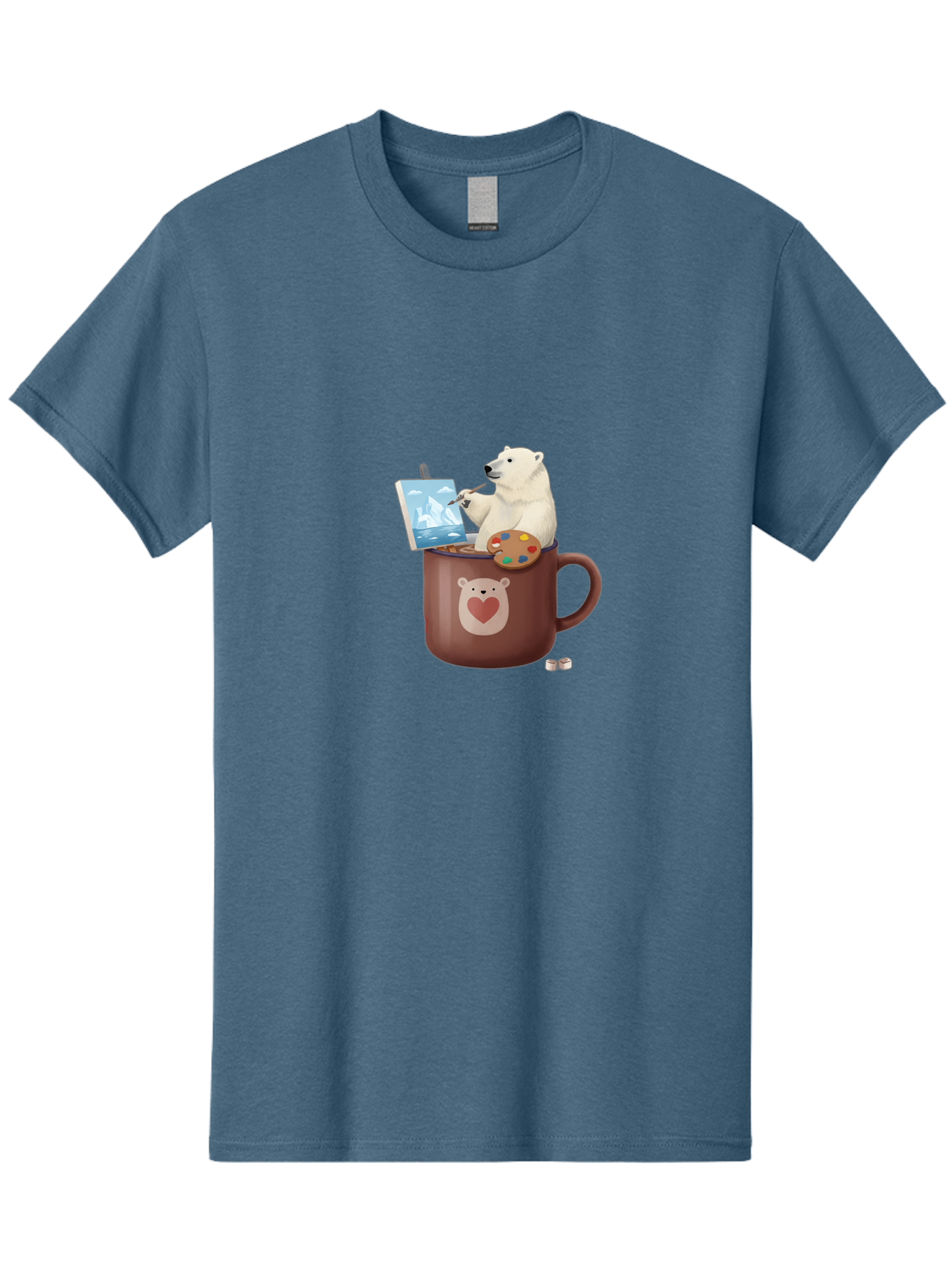Polar-Bear-In-Coffee-Mug-2 Men'S Graphic Tee, 100% Cotton, Comfortable Casual Summer Wear, Machine Washable, Polar Bear Painting On A Digital Tablet, Artistic Creativity, Polar Bear Mug, Heart Design, Paint Palette, Whimsical Art, Bae653 3