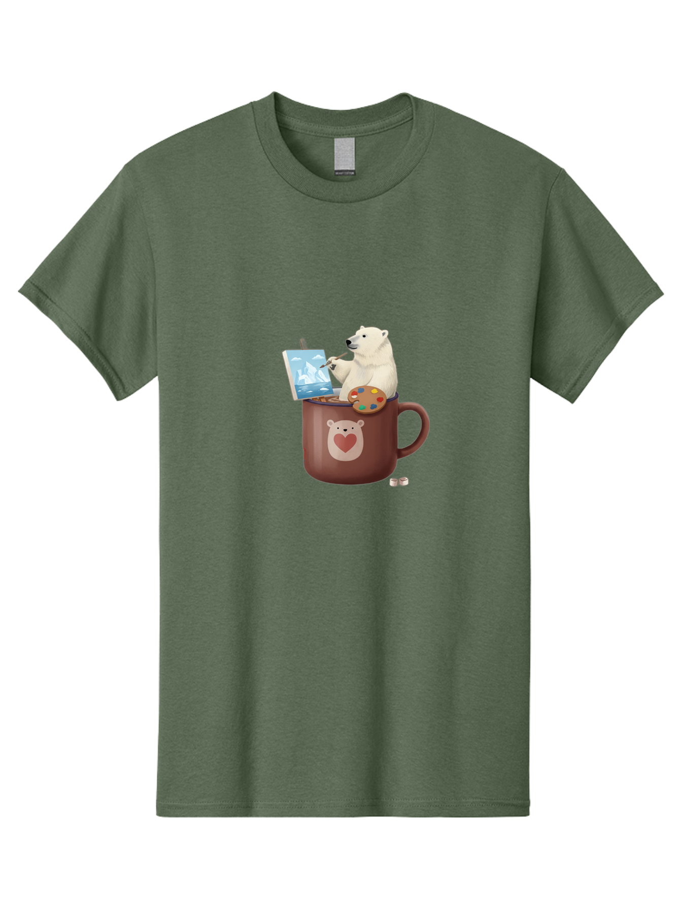 Polar-Bear-In-Coffee-Mug-2 Men'S Graphic Tee, 100% Cotton, Comfortable Casual Summer Wear, Machine Washable, Polar Bear Painting On A Digital Tablet, Artistic Creativity, Polar Bear Mug, Heart Design, Paint Palette, Whimsical Art, Bae653 9