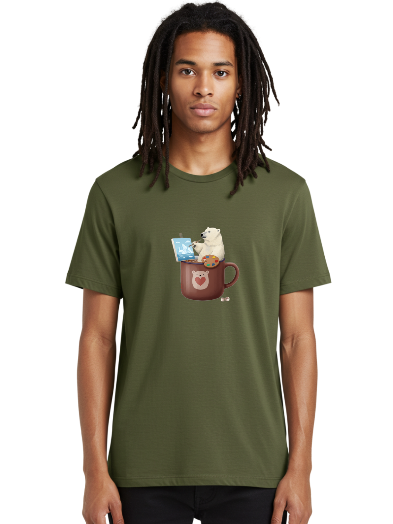 Polar-Bear-In-Coffee-Mug-2 Men'S Graphic Tee, 100% Cotton, Comfortable Casual Summer Wear, Machine Washable, Polar Bear Painting On A Digital Tablet, Artistic Creativity, Polar Bear Mug, Heart Design, Paint Palette, Whimsical Art, Bae653 24