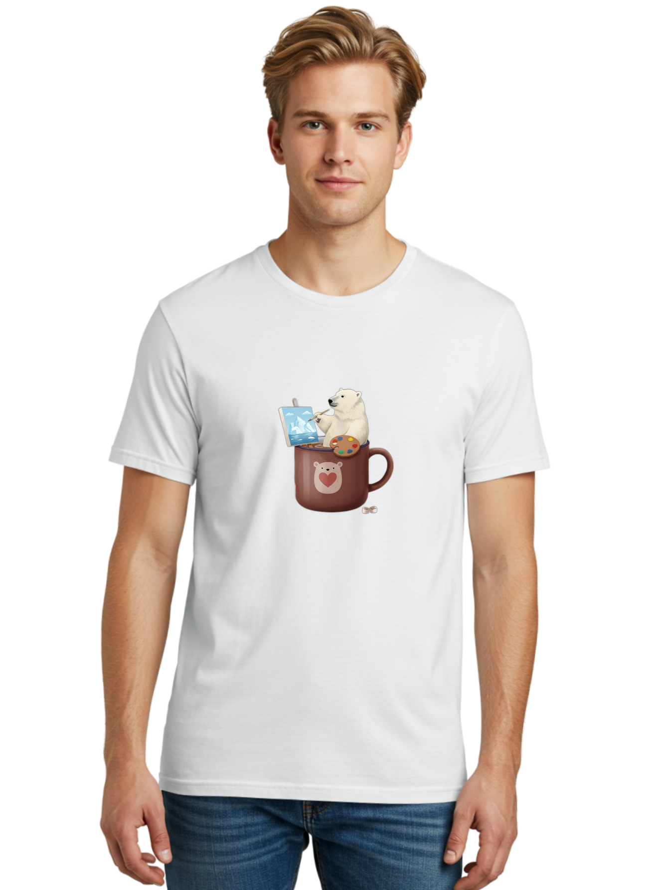 Polar-Bear-In-Coffee-Mug-2 Men'S Graphic Tee, 100% Cotton, Comfortable Casual Summer Wear, Machine Washable, Polar Bear Painting On A Digital Tablet, Artistic Creativity, Polar Bear Mug, Heart Design, Paint Palette, Whimsical Art, Bae653 16