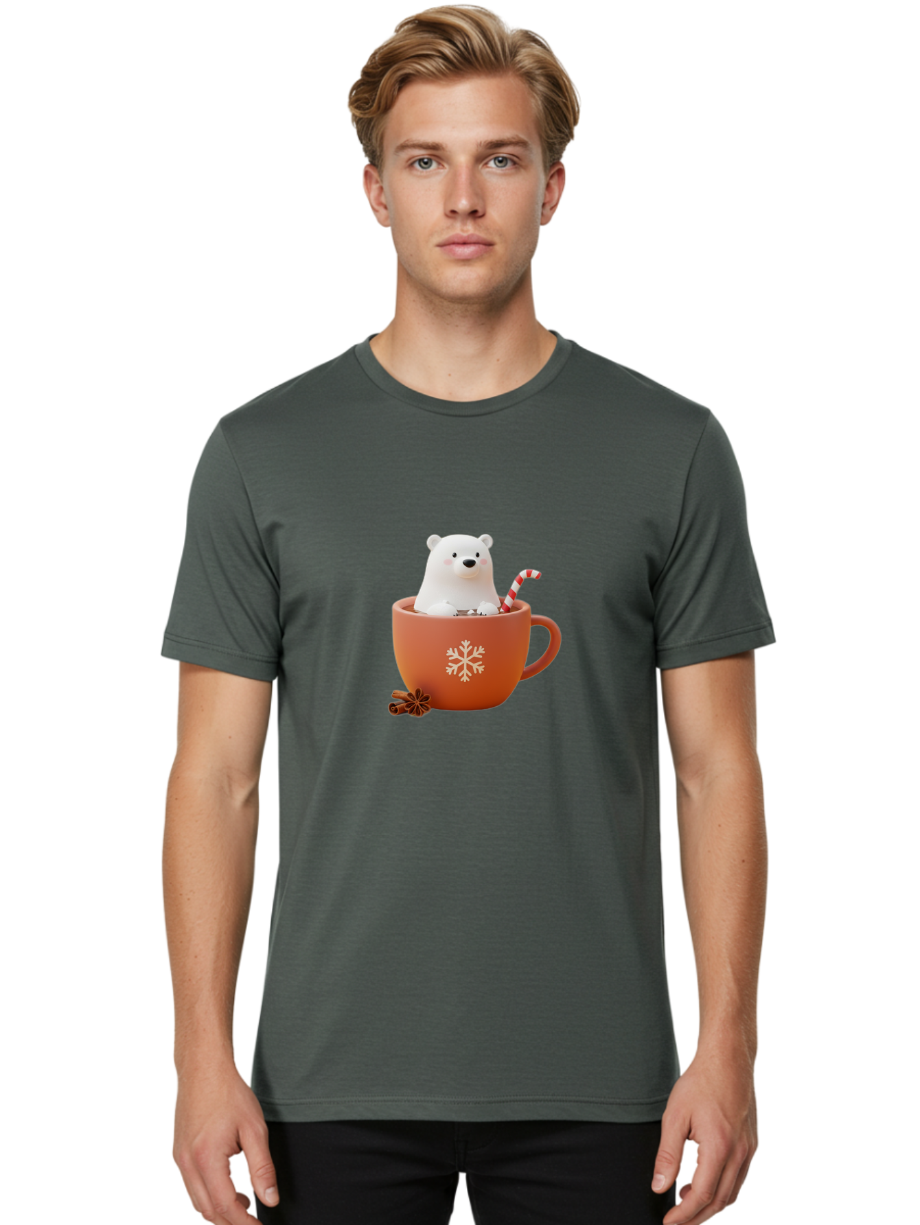 Polar-Bear-In-Coffee-Mug Men'S Graphic Tee, 100% Cotton, Comfortable Casual Summer Wear, Machine Washable, Polar Bear In A Mug, Festive Drink, Candy Cane, Snowflake Design, Winter Wonderland, Holiday Cheer, Adorable Bear, Red Mug, Bae654 17