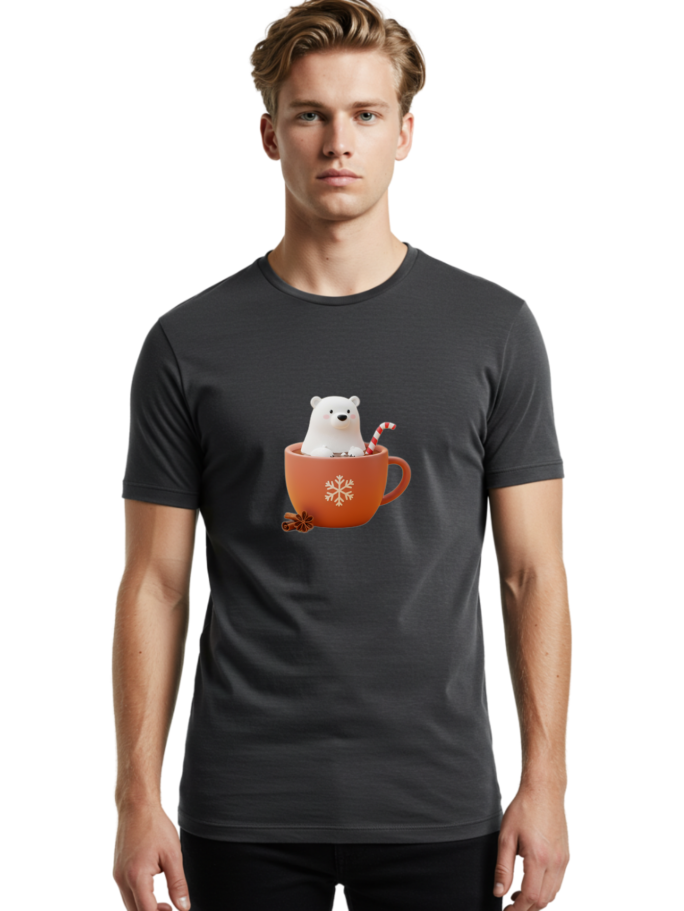 Polar-Bear-In-Coffee-Mug Men'S Graphic Tee, 100% Cotton, Comfortable Casual Summer Wear, Machine Washable, Polar Bear In A Mug, Festive Drink, Candy Cane, Snowflake Design, Winter Wonderland, Holiday Cheer, Adorable Bear, Red Mug, Bae654 20