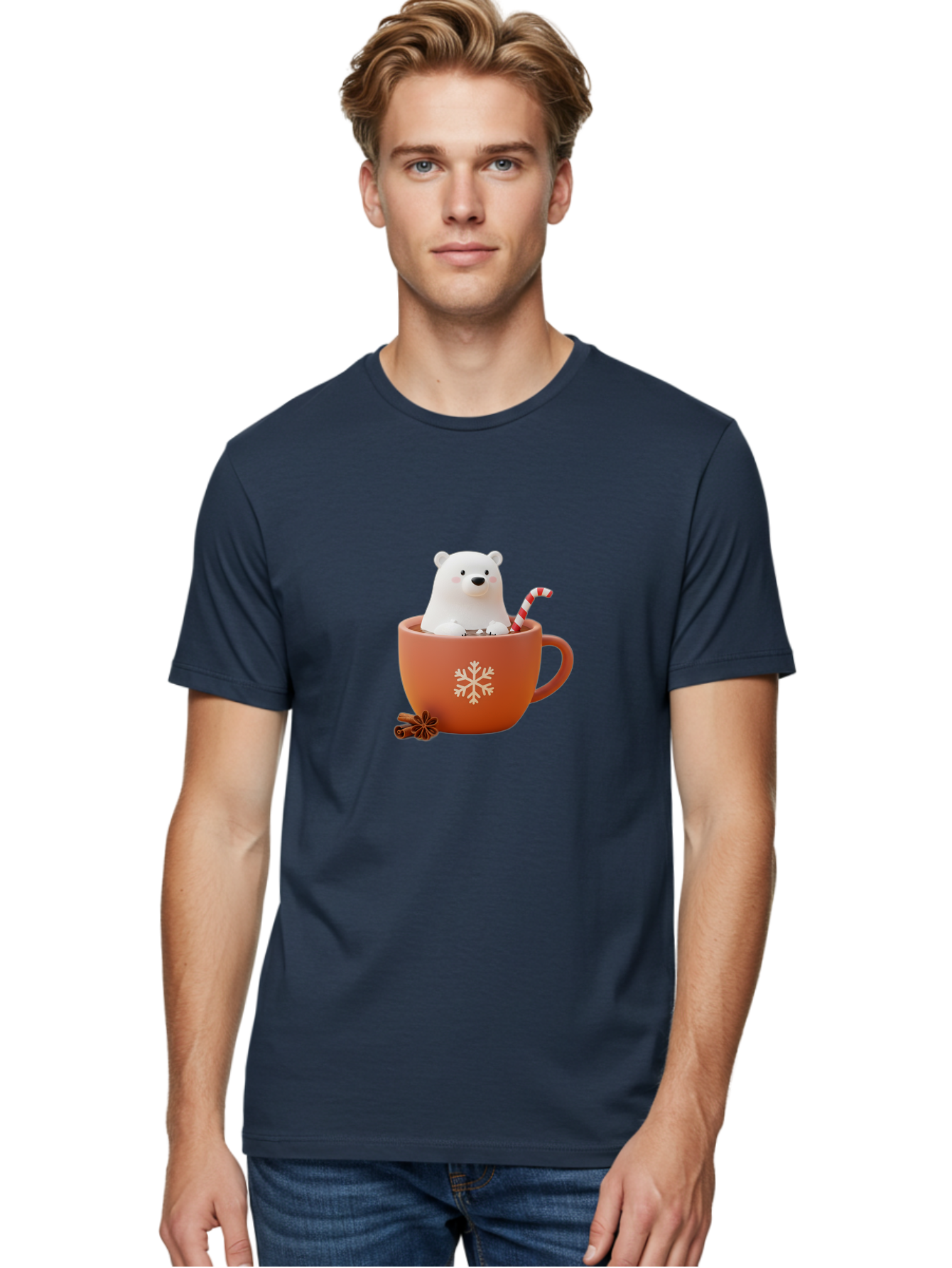 Polar-Bear-In-Coffee-Mug Men'S Graphic Tee, 100% Cotton, Comfortable Casual Summer Wear, Machine Washable, Polar Bear In A Mug, Festive Drink, Candy Cane, Snowflake Design, Winter Wonderland, Holiday Cheer, Adorable Bear, Red Mug, Bae654 29