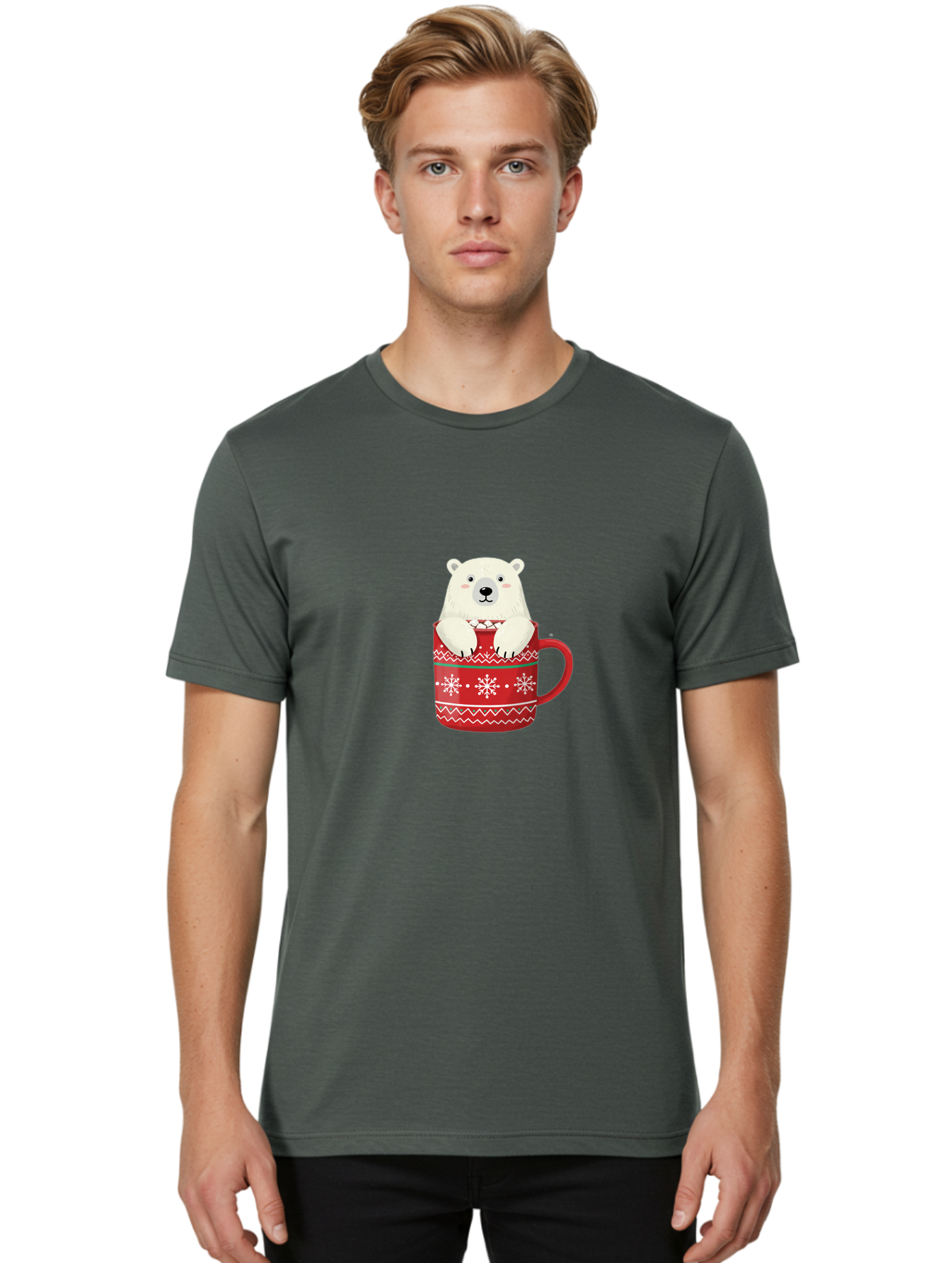 Polar-Bear-In-Mug-1 Men'S Graphic Tee, 100% Cotton, Comfortable Casual Summer Wear, Machine Washable, Polar Bear In A Mug, Christmas Mug, Red Mug, Snowflakes, White Bear, Funny Bear, Cartoon Character, Winter Theme, Festive Design, Bae655 30