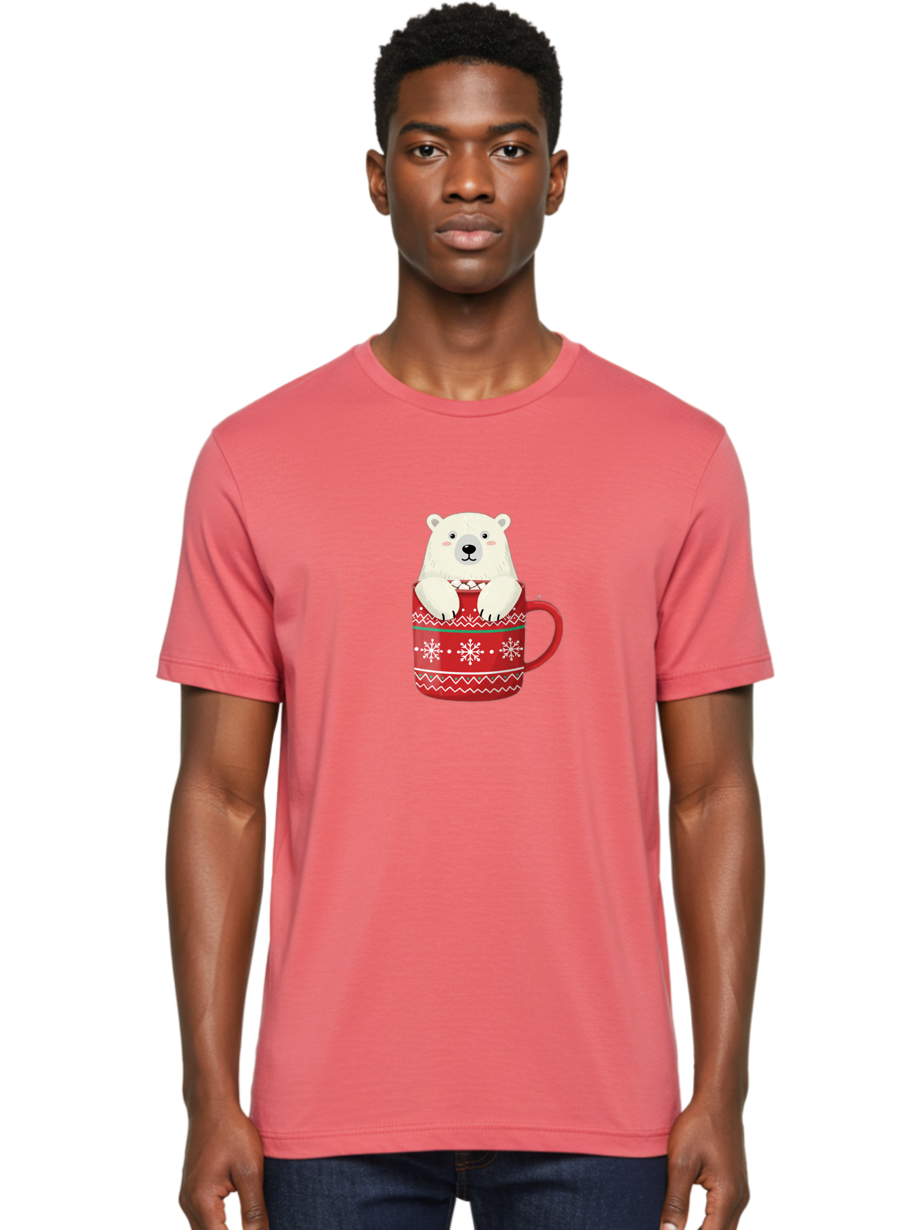Polar-Bear-In-Mug-1 Men'S Graphic Tee, 100% Cotton, Comfortable Casual Summer Wear, Machine Washable, Polar Bear In A Mug, Christmas Mug, Red Mug, Snowflakes, White Bear, Funny Bear, Cartoon Character, Winter Theme, Festive Design, Bae655 18