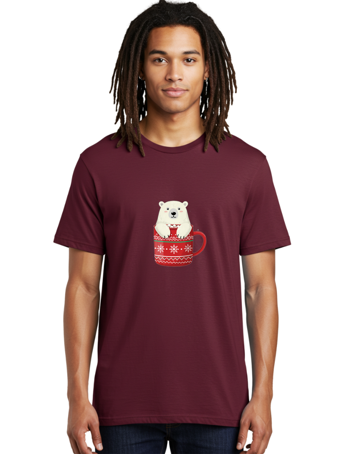 Polar-Bear-In-Mug-1 Men'S Graphic Tee, 100% Cotton, Comfortable Casual Summer Wear, Machine Washable, Polar Bear In A Mug, Christmas Mug, Red Mug, Snowflakes, White Bear, Funny Bear, Cartoon Character, Winter Theme, Festive Design, Bae655 20