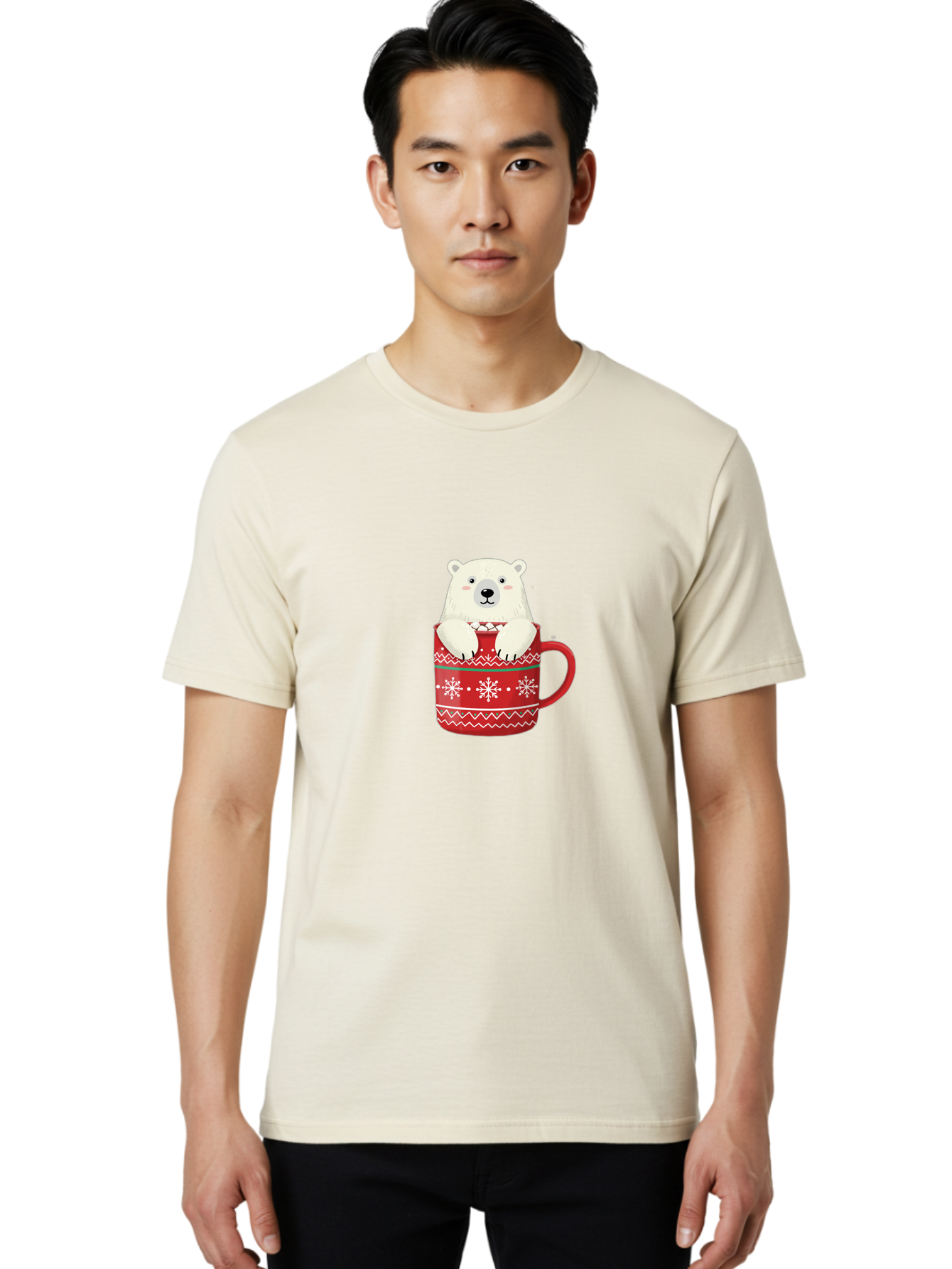 Polar-Bear-In-Mug-1 Men'S Graphic Tee, 100% Cotton, Comfortable Casual Summer Wear, Machine Washable, Polar Bear In A Mug, Christmas Mug, Red Mug, Snowflakes, White Bear, Funny Bear, Cartoon Character, Winter Theme, Festive Design, Bae655 23