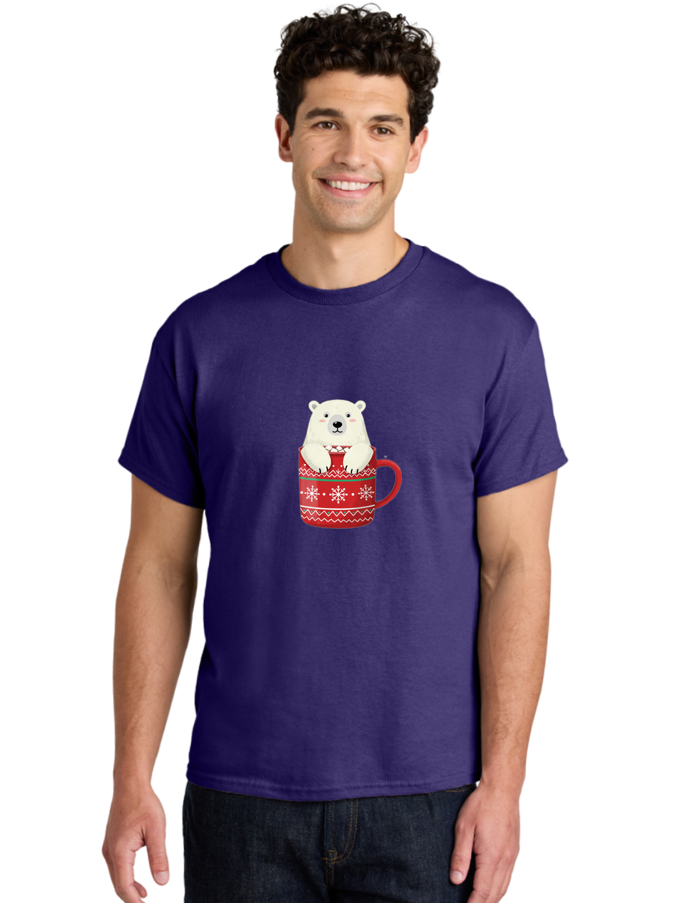 Polar-Bear-In-Mug-1 Men'S Graphic Tee, 100% Cotton, Comfortable Casual Summer Wear, Machine Washable, Polar Bear In A Mug, Christmas Mug, Red Mug, Snowflakes, White Bear, Funny Bear, Cartoon Character, Winter Theme, Festive Design, Bae655 24