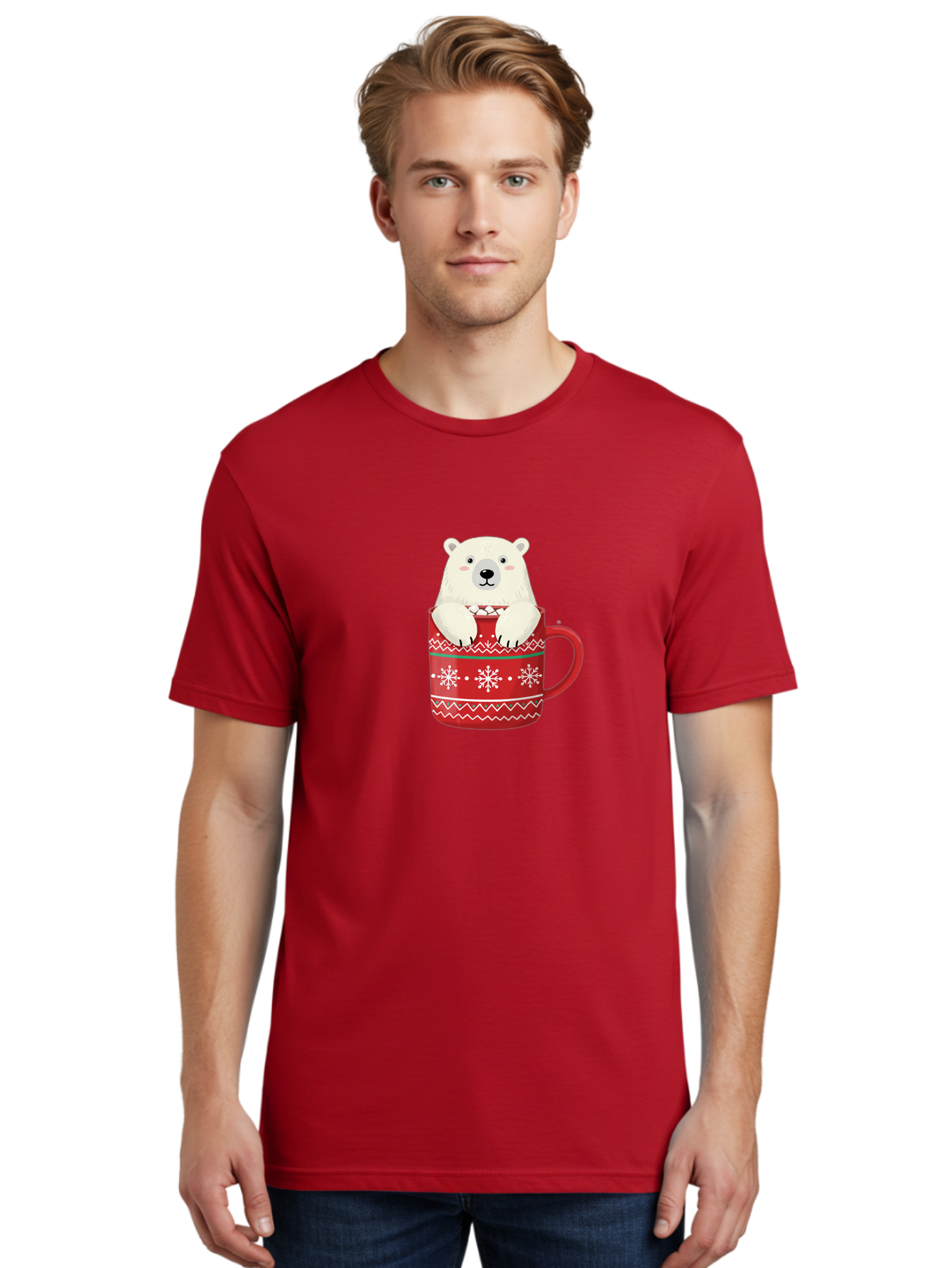 Polar-Bear-In-Mug-1 Men'S Graphic Tee, 100% Cotton, Comfortable Casual Summer Wear, Machine Washable, Polar Bear In A Mug, Christmas Mug, Red Mug, Snowflakes, White Bear, Funny Bear, Cartoon Character, Winter Theme, Festive Design, Bae655 27