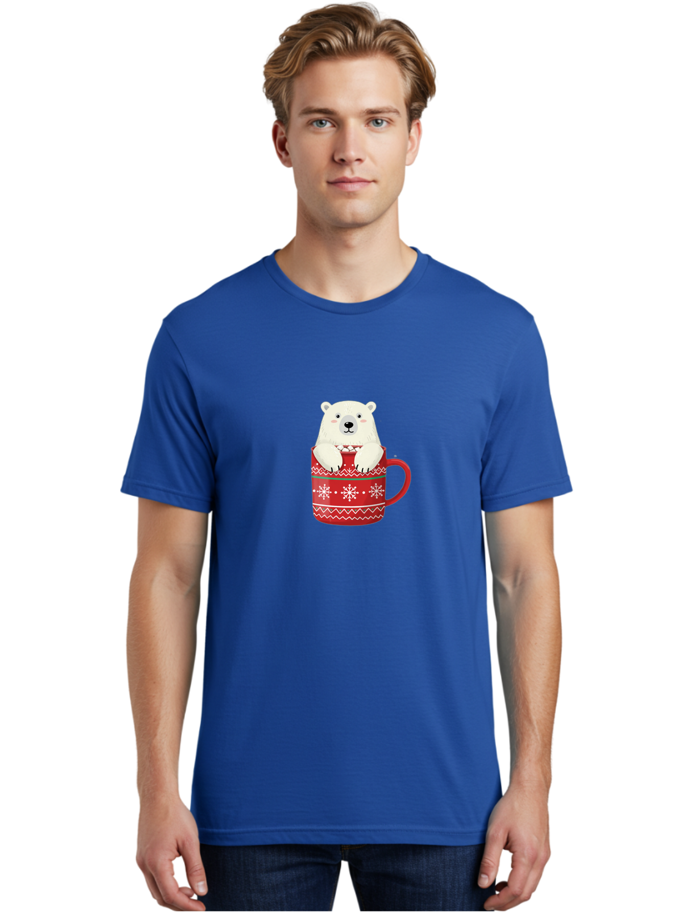 Polar-Bear-In-Mug-1 Men'S Graphic Tee, 100% Cotton, Comfortable Casual Summer Wear, Machine Washable, Polar Bear In A Mug, Christmas Mug, Red Mug, Snowflakes, White Bear, Funny Bear, Cartoon Character, Winter Theme, Festive Design, Bae655 19