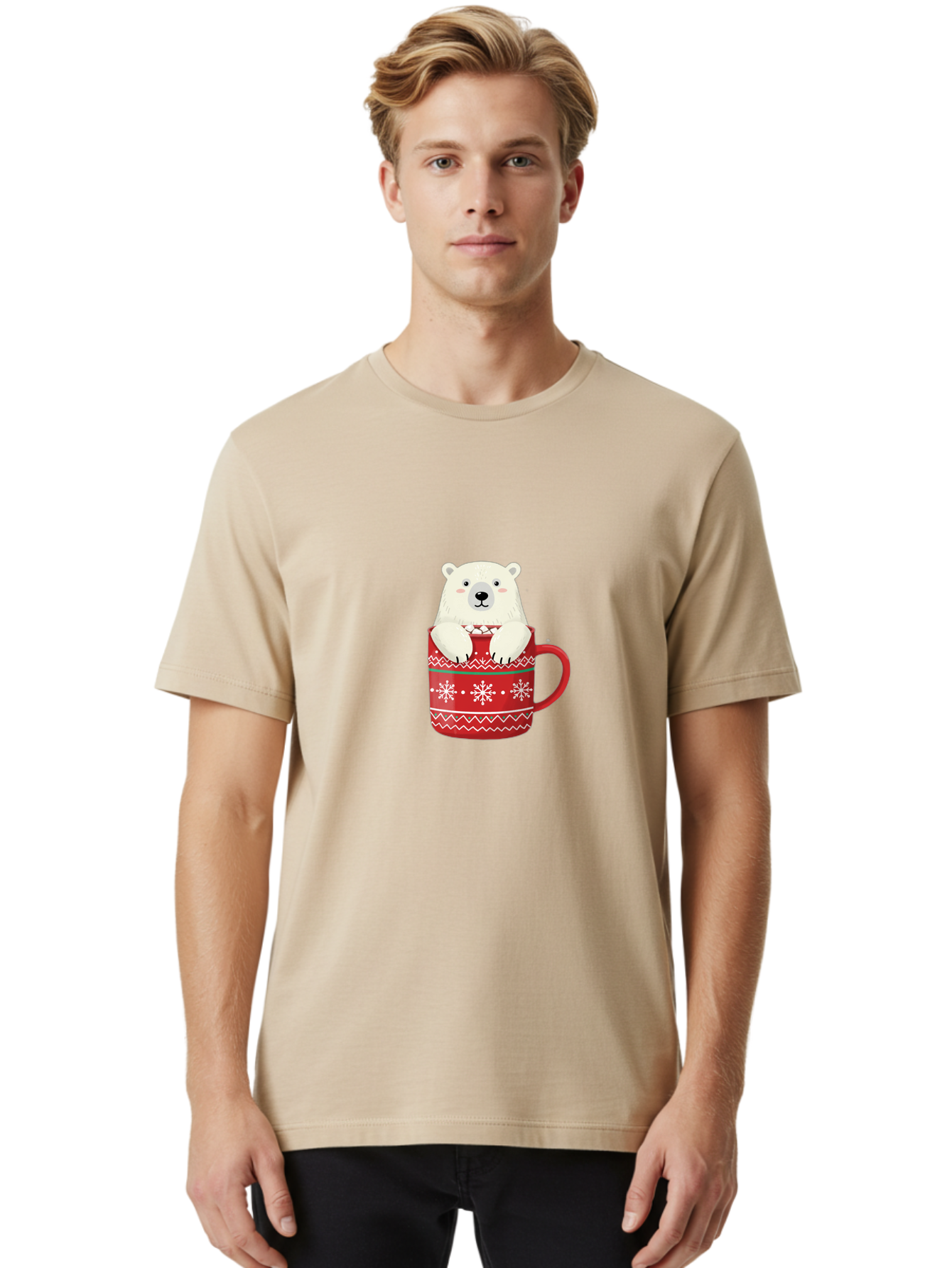 Polar-Bear-In-Mug-1 Men'S Graphic Tee, 100% Cotton, Comfortable Casual Summer Wear, Machine Washable, Polar Bear In A Mug, Christmas Mug, Red Mug, Snowflakes, White Bear, Funny Bear, Cartoon Character, Winter Theme, Festive Design, Bae655 28
