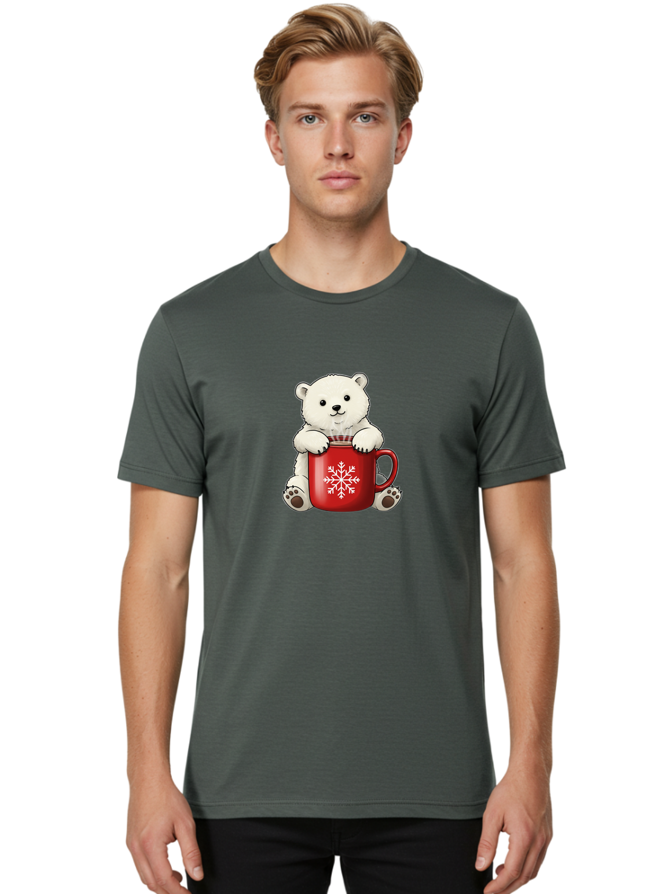 Polar-Bear-In-Mug Men'S Graphic Tee, 100% Cotton, Comfortable Casual Summer Wear, Machine Washable, Polar Bear Holding Red Mug, Snowflake Design, Winter Theme, Christmas Gift, Cute Cartoon Character, Adorable Polar Bear, Holiday Vibes, Bae657 23