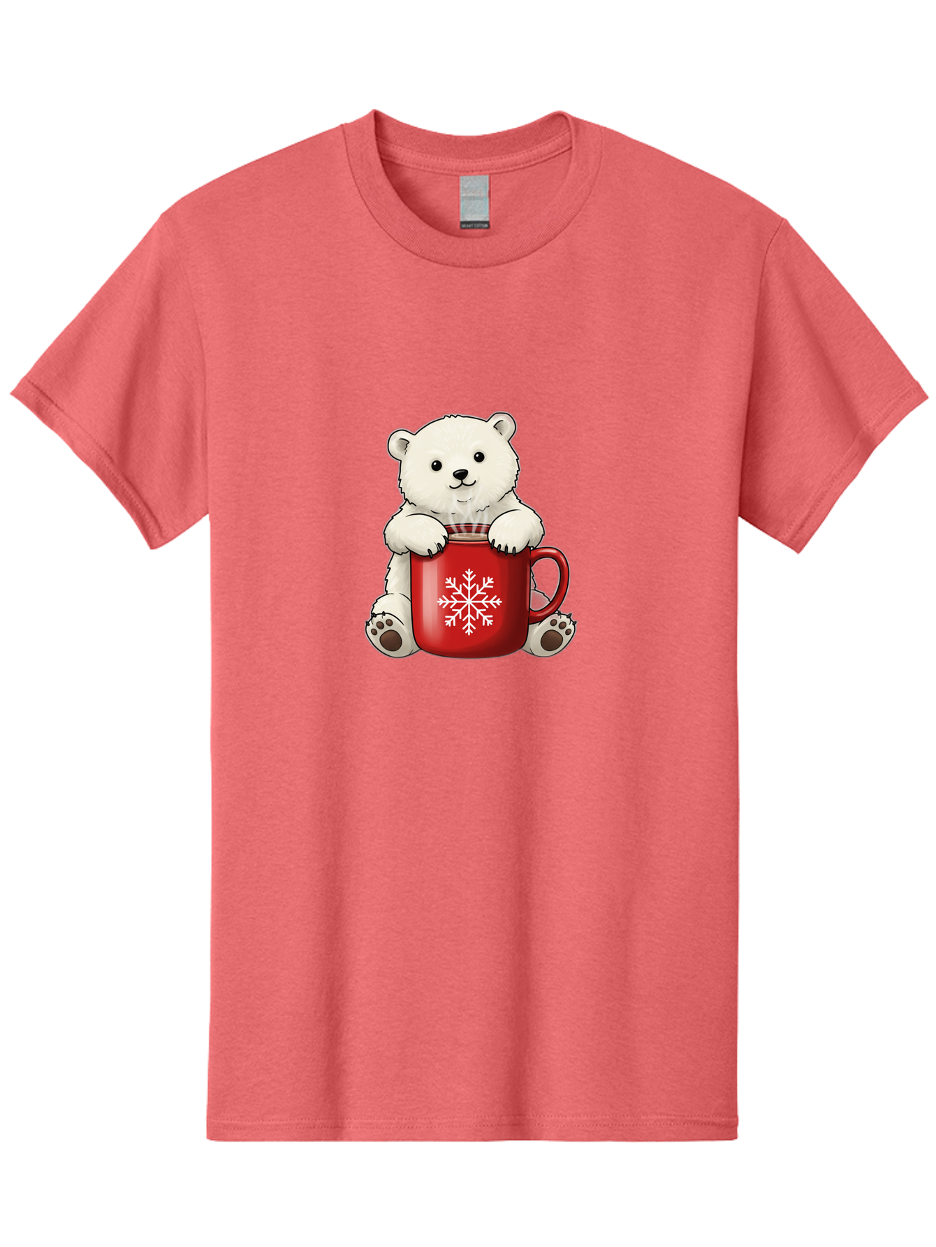 Polar-Bear-In-Mug Men'S Graphic Tee, 100% Cotton, Comfortable Casual Summer Wear, Machine Washable, Polar Bear Holding Red Mug, Snowflake Design, Winter Theme, Christmas Gift, Cute Cartoon Character, Adorable Polar Bear, Holiday Vibes, Bae657 10